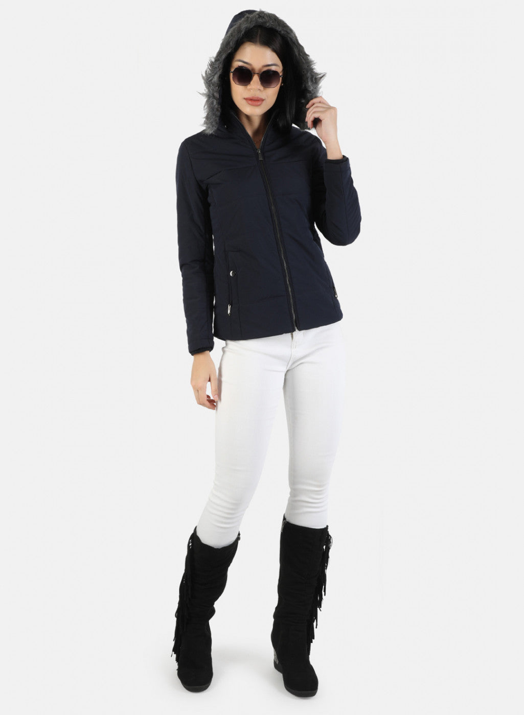 Women Navy Blue Plain Jacket