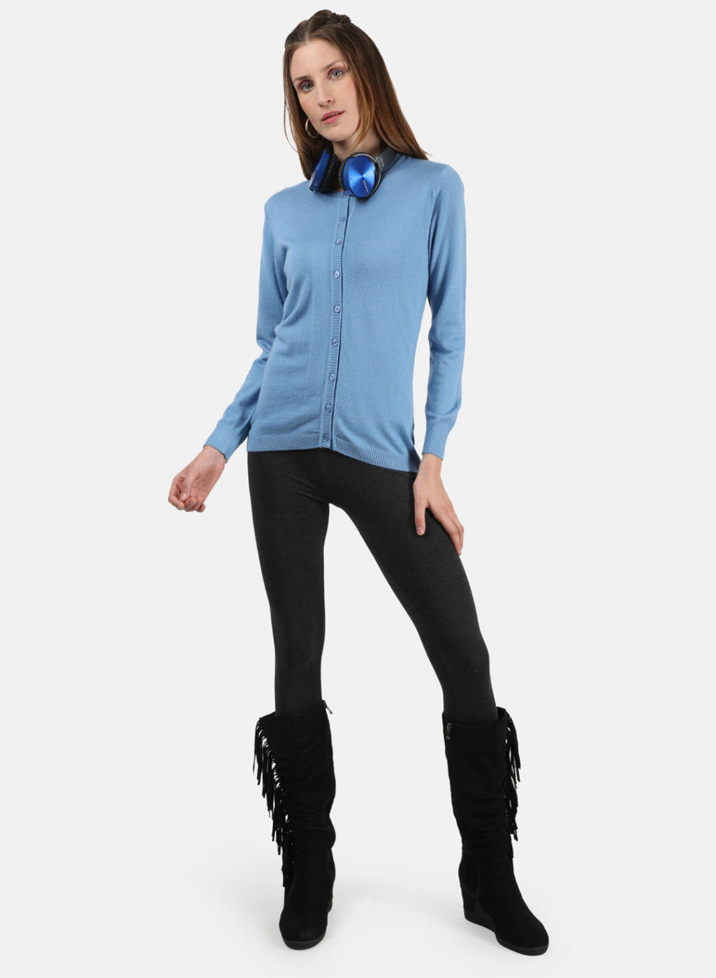 Women Sky Blue Solid Cardigan