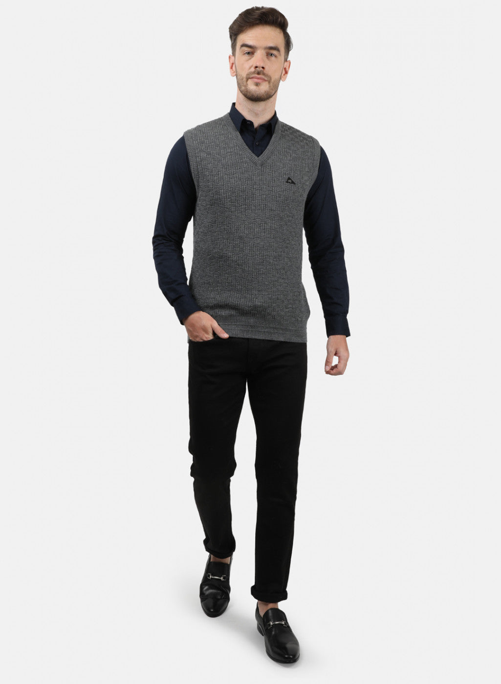 Men Grey Self Sweater