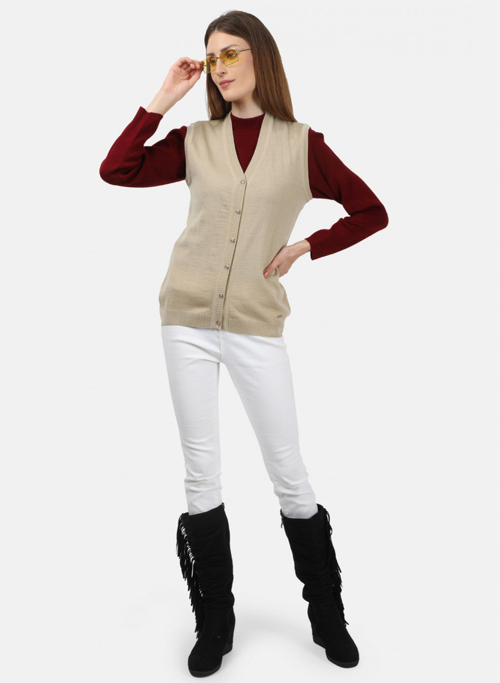 Women Beige Solid Cardigan