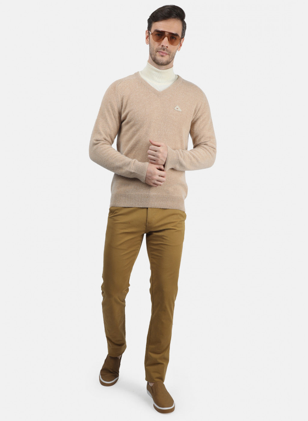 Men Beige Solid Pullover