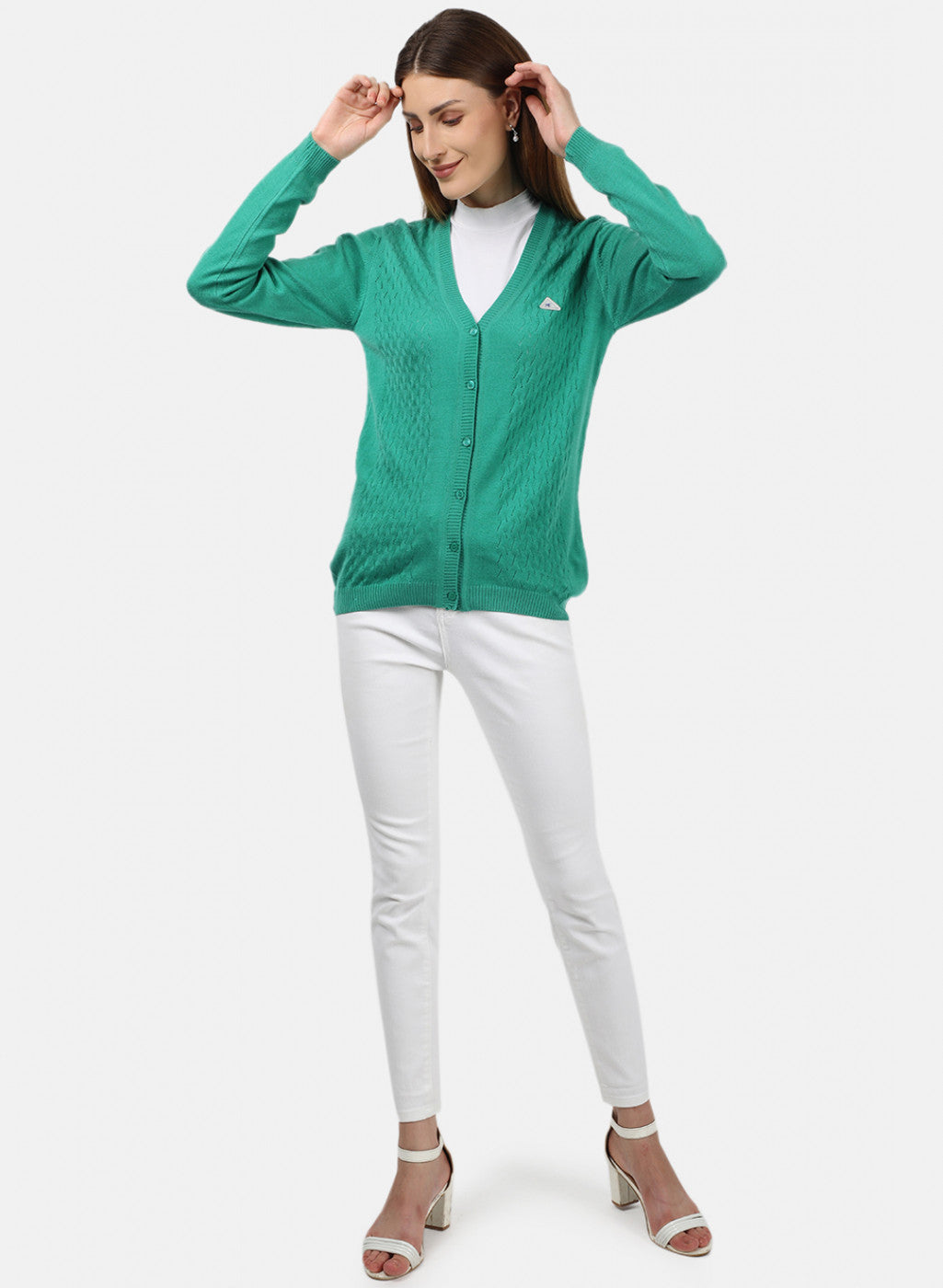 Women Green Self Design Cardigan