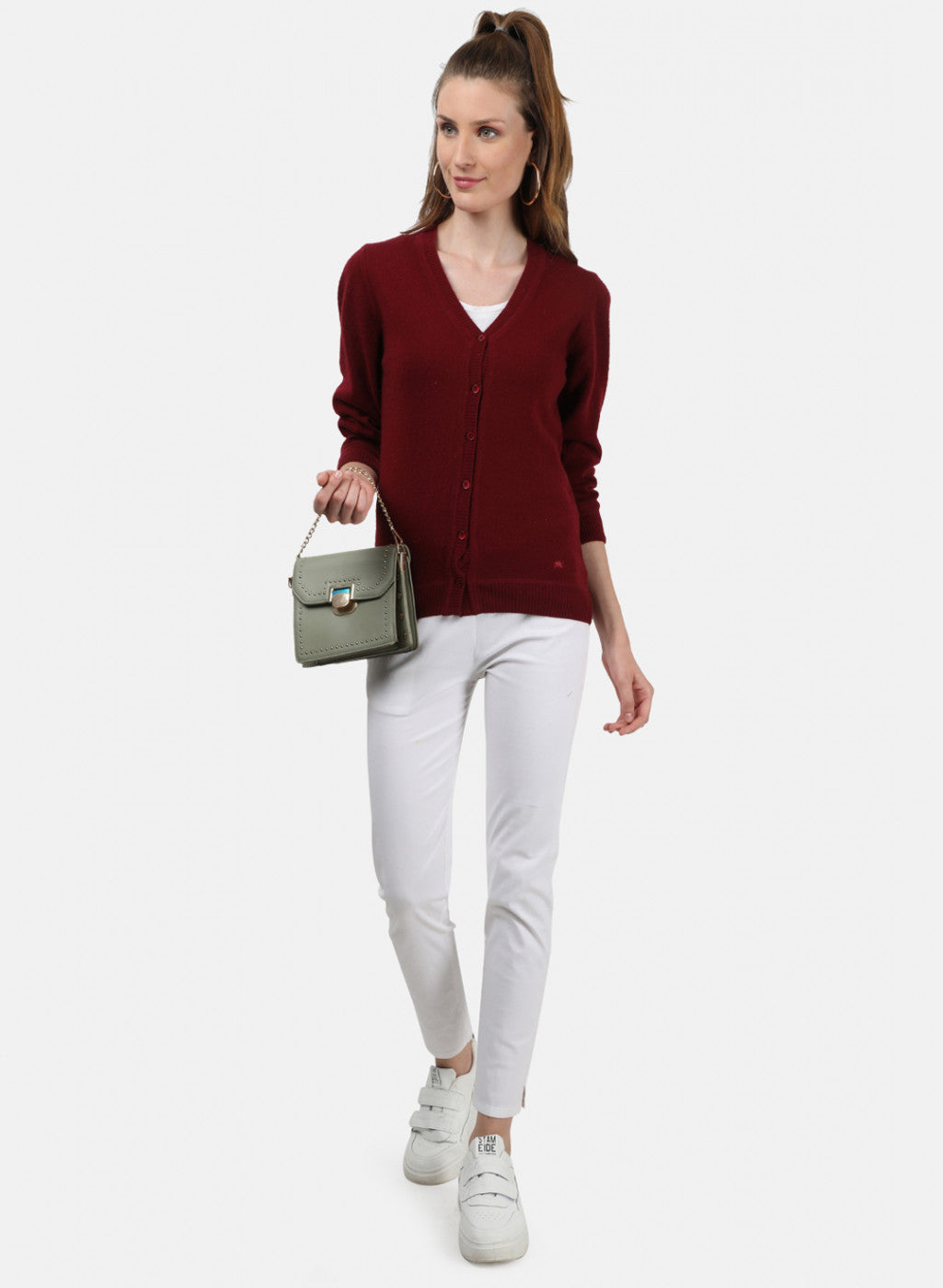 Women Maroon Solid Cardigan