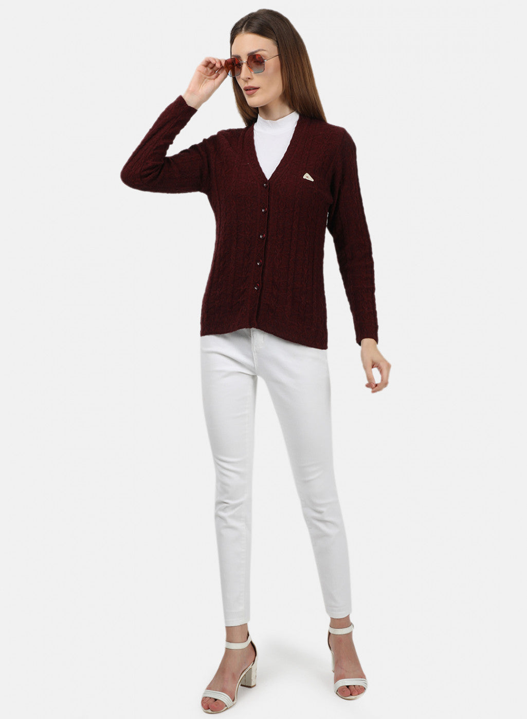 Women Maroon Self Design Cardigan