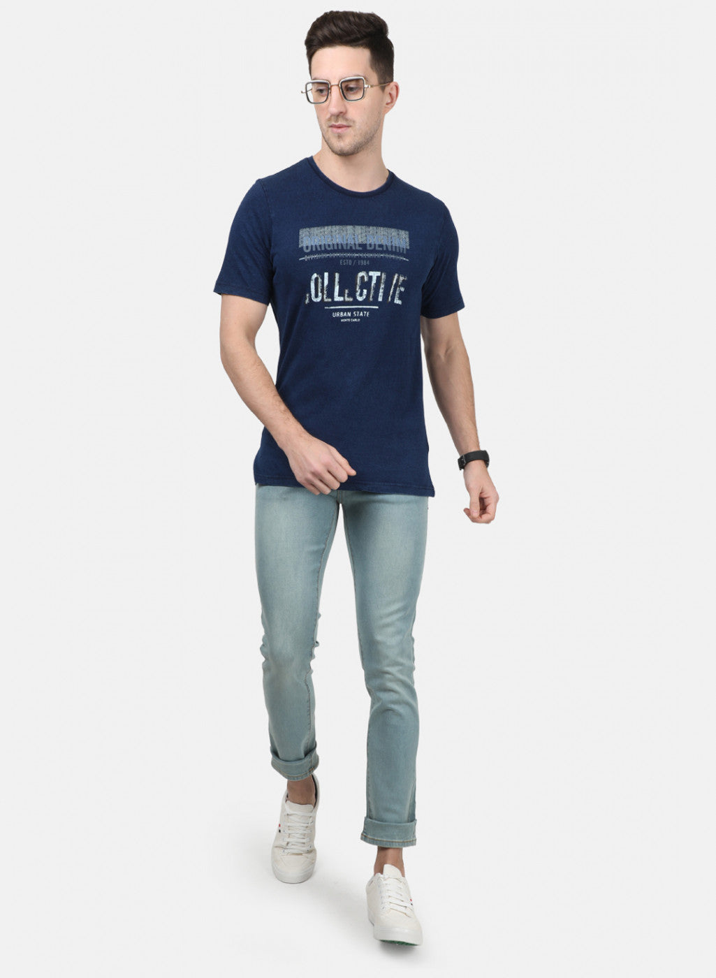 Mens Blue Self T-Shirt