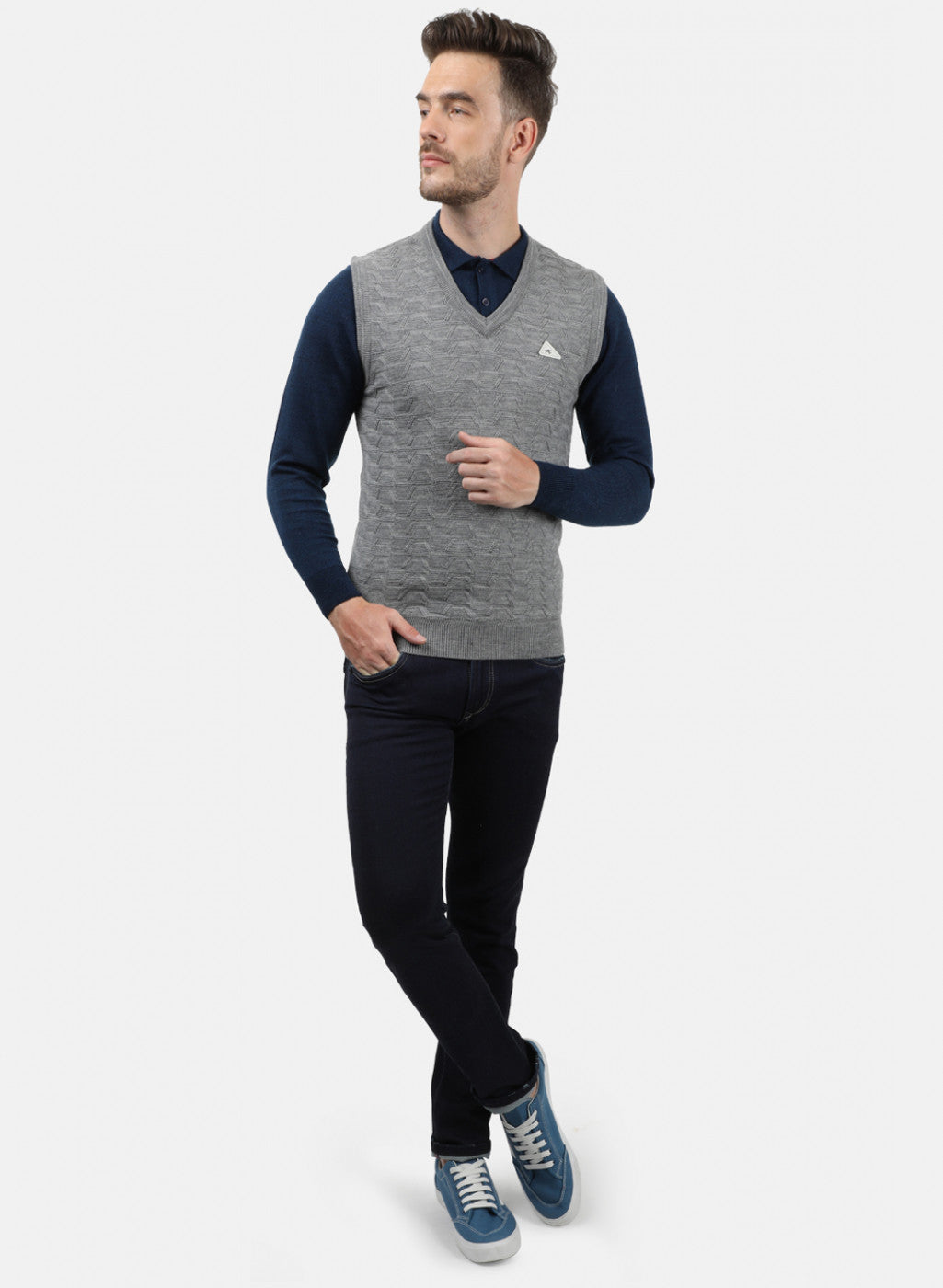 Men Grey Self Sweater