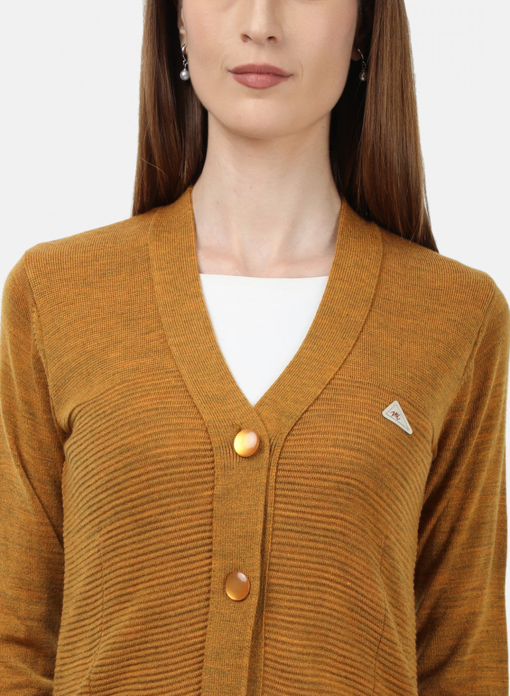 Women Mustard Self Design Cardigan