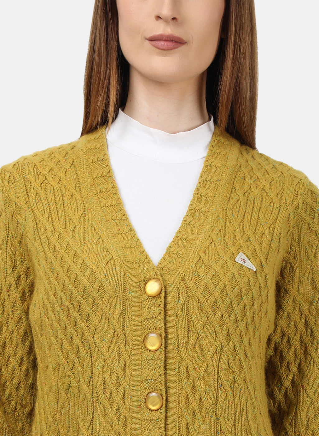 Women Yellow Self Design Cardigan