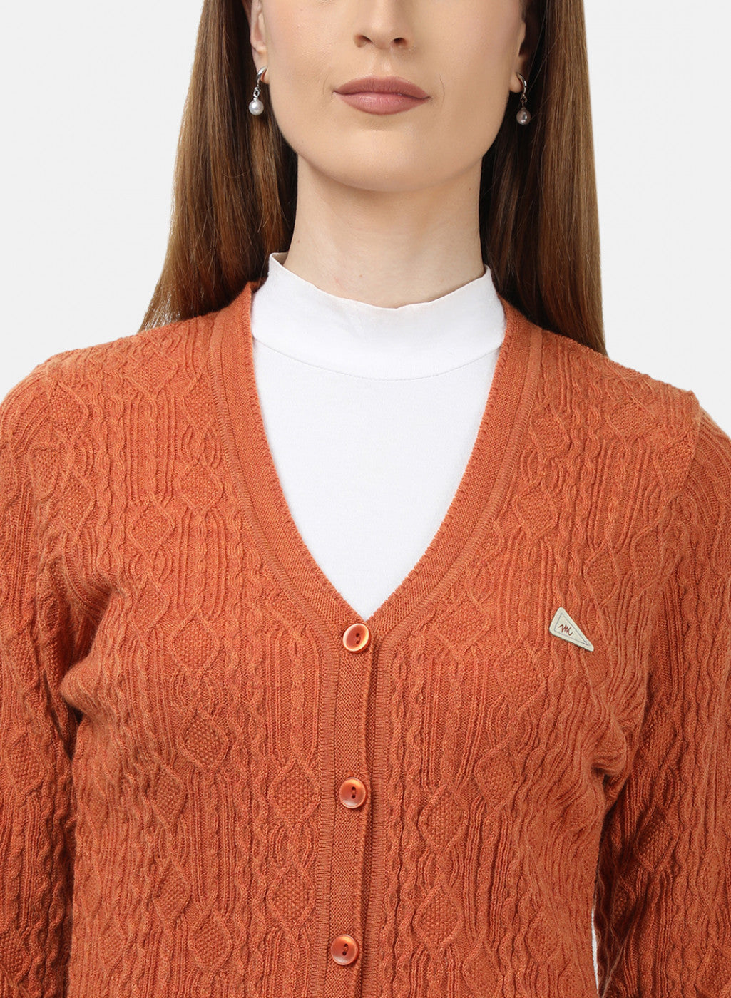 Women Orange Self Design Cardigan