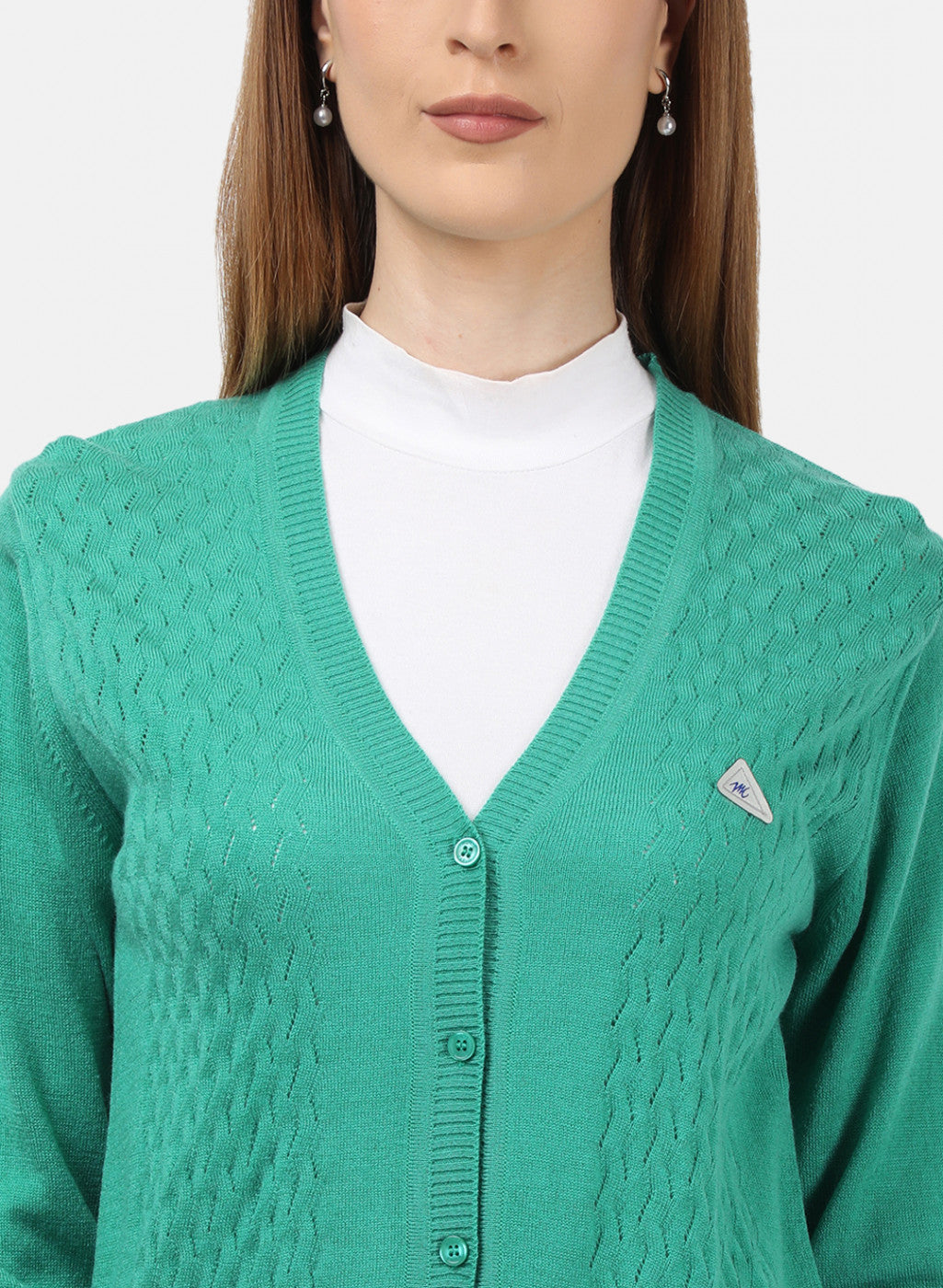 Women Green Self Design Cardigan