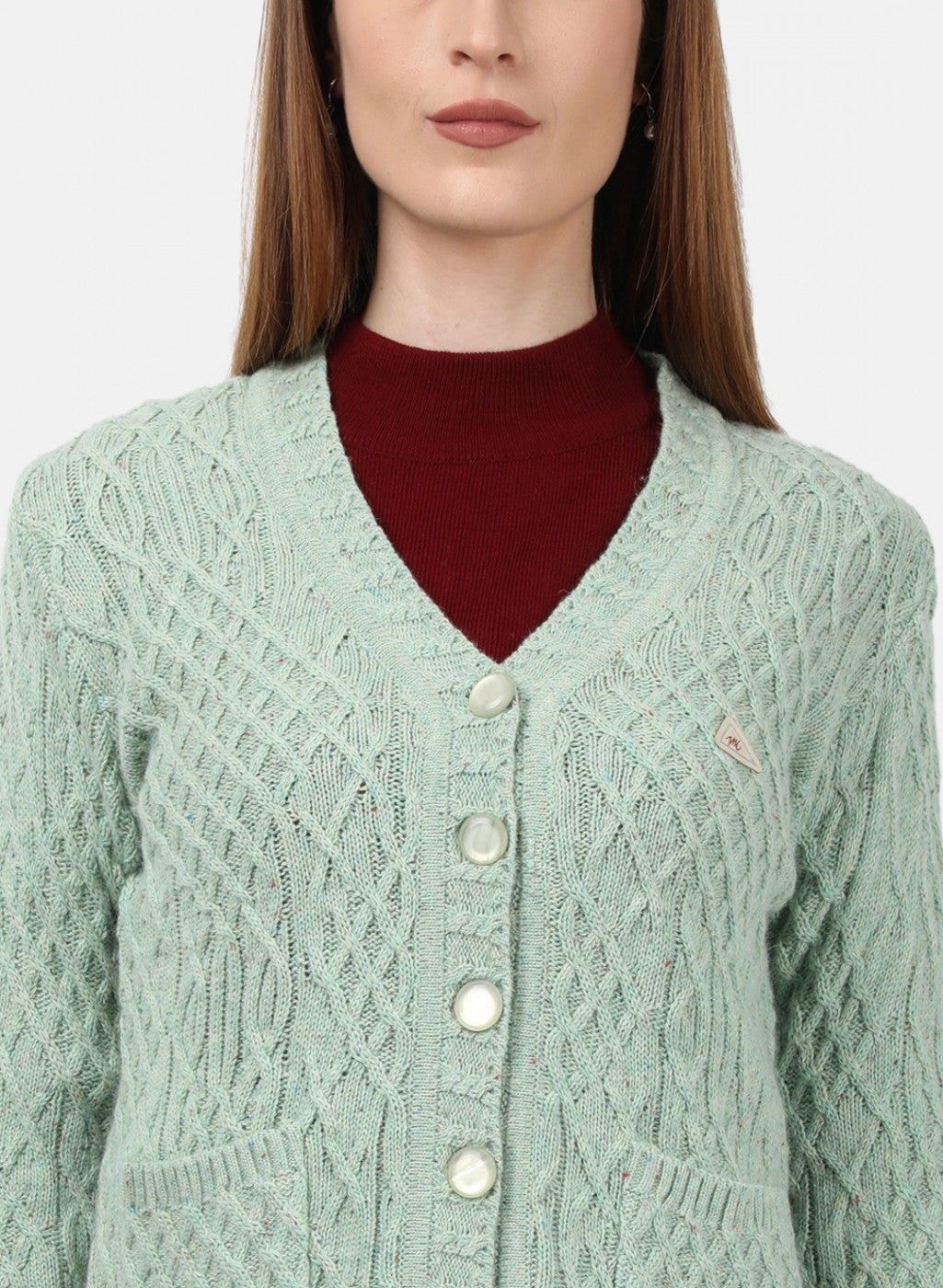 Women Green Self Design Cardigan