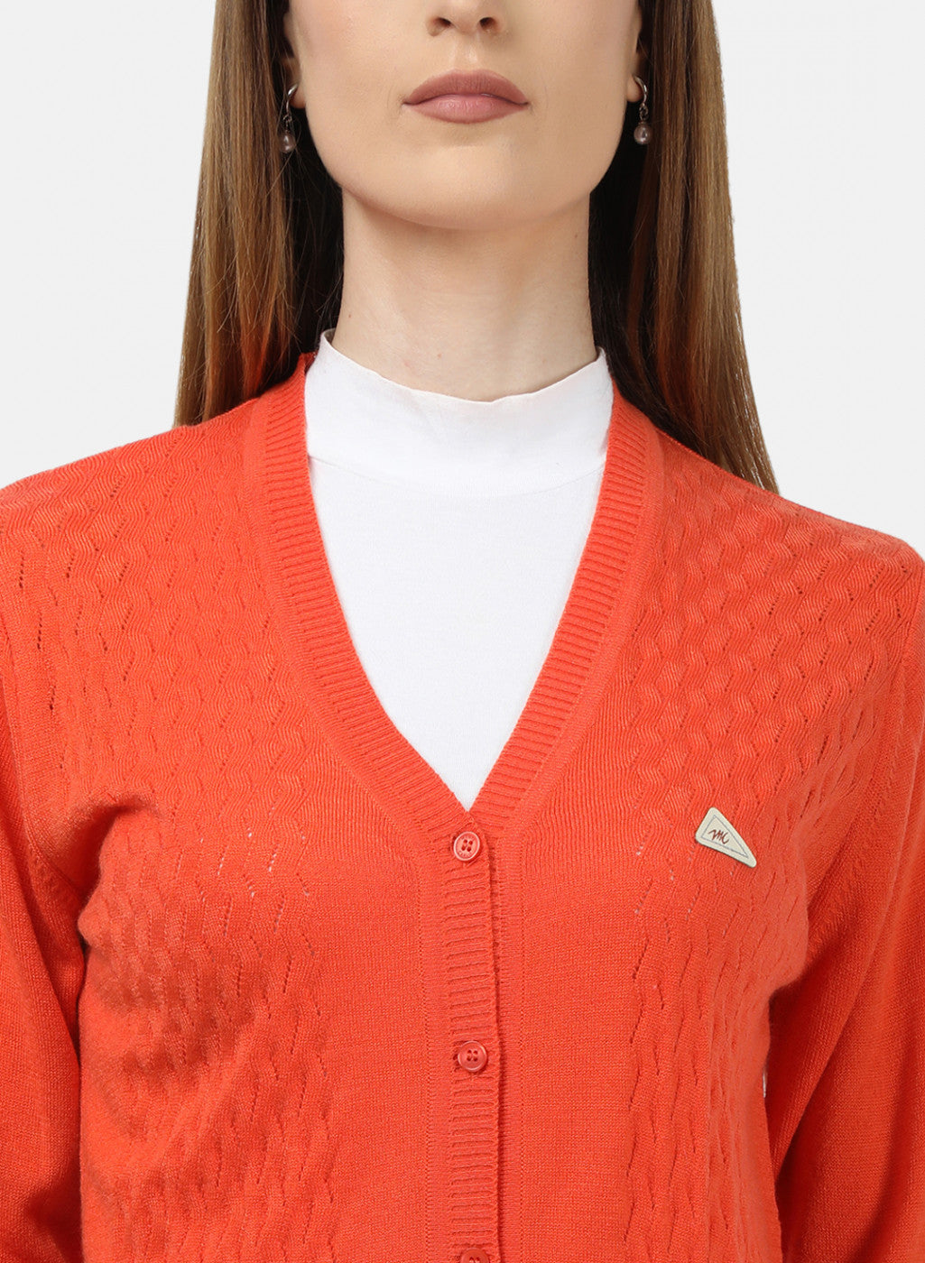 Women Orange Self Design Cardigan