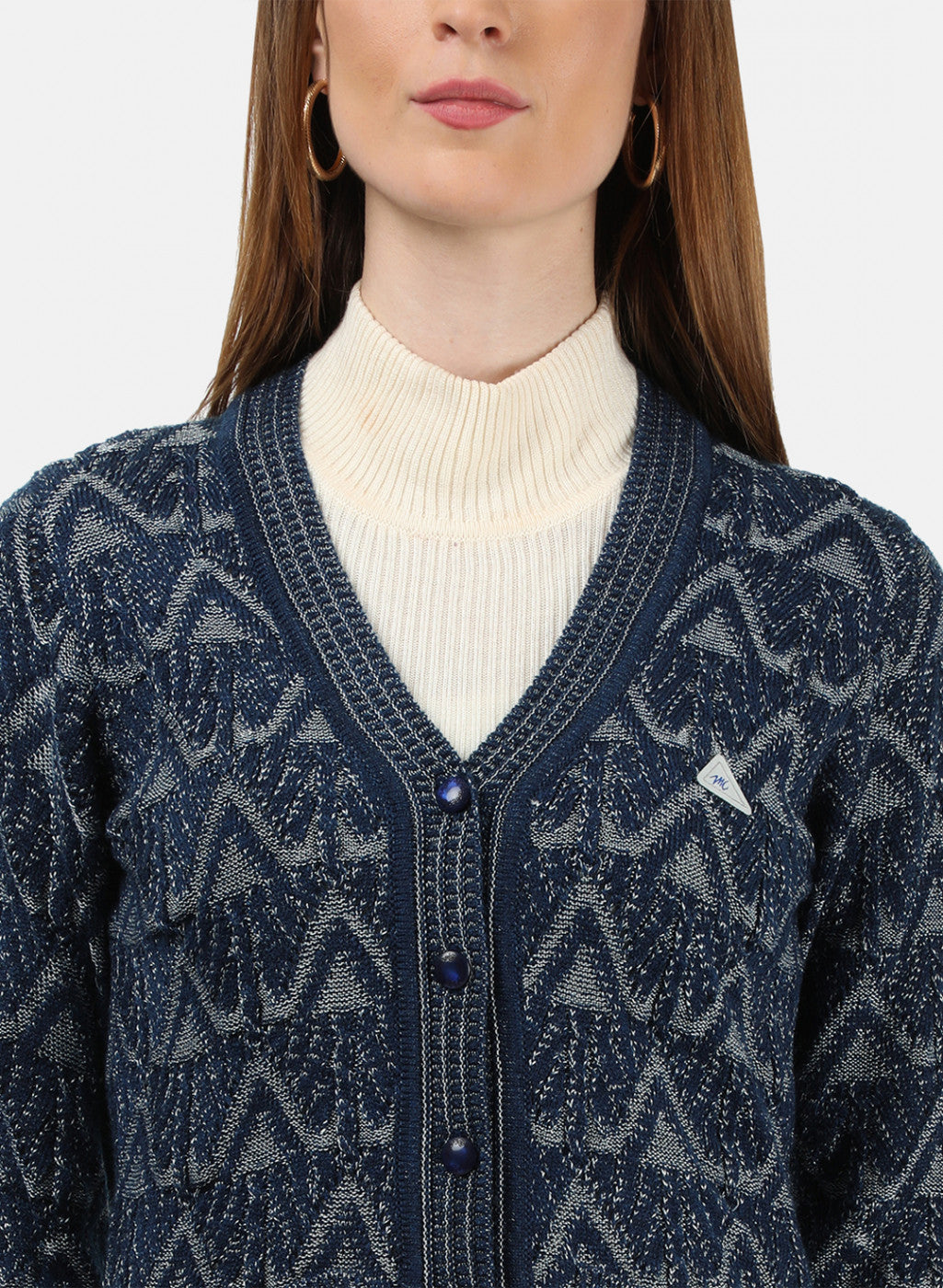 Women Blue Self Cardigan