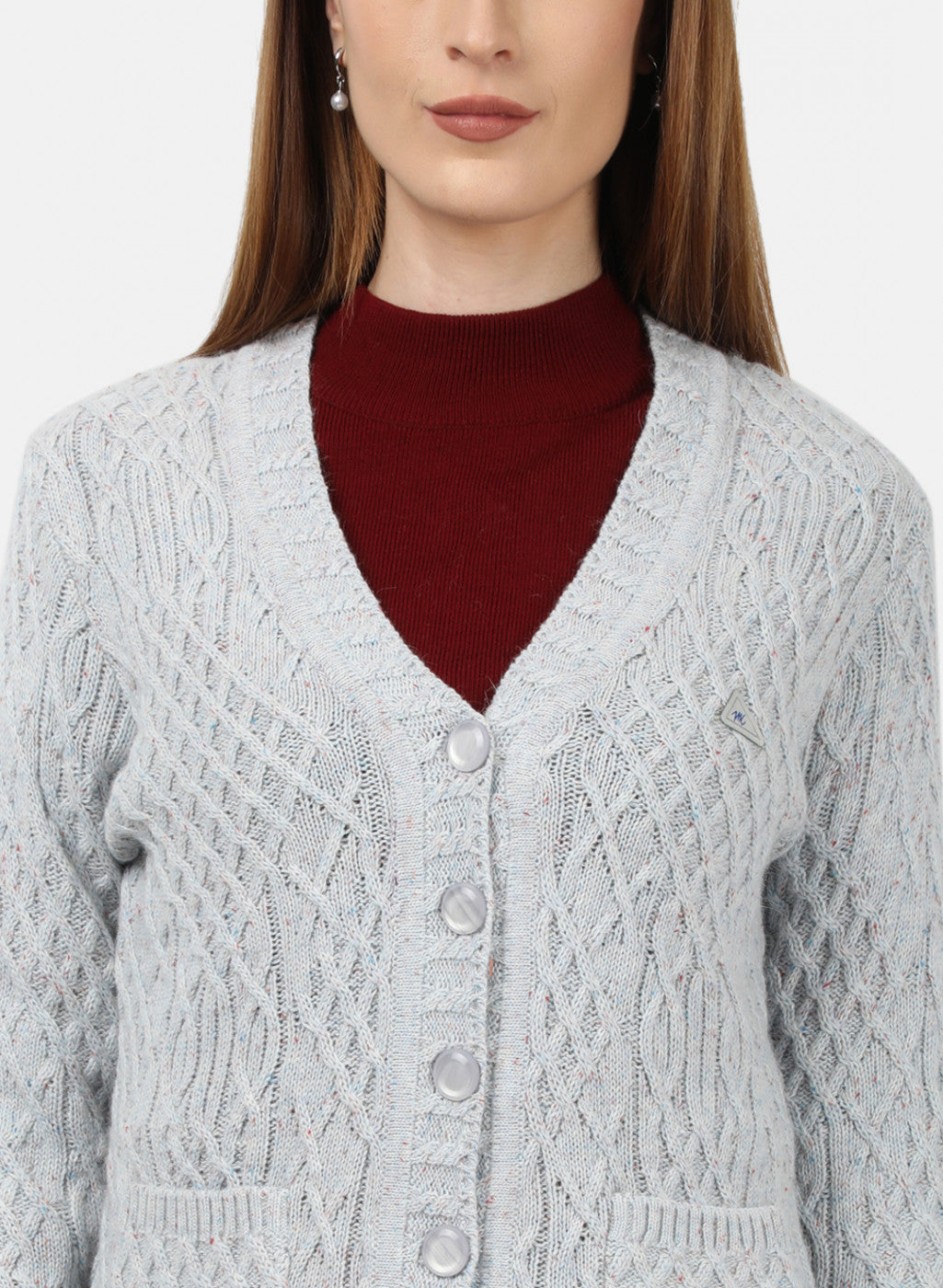 Women Light Grey Self Design Cardigan