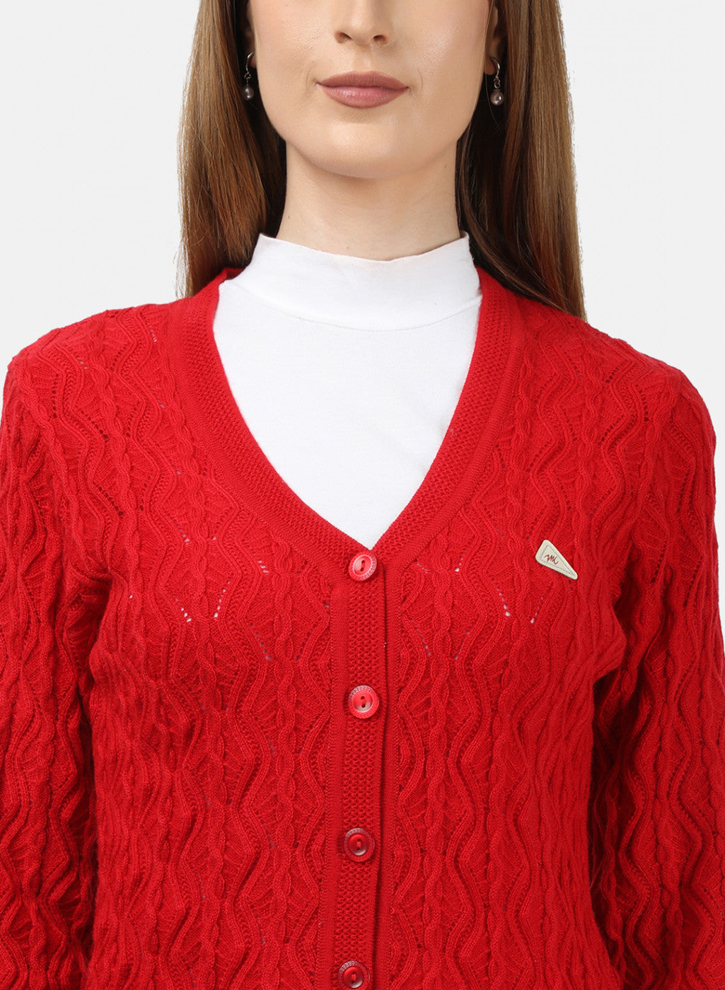 Women Red Self Design Cardigan