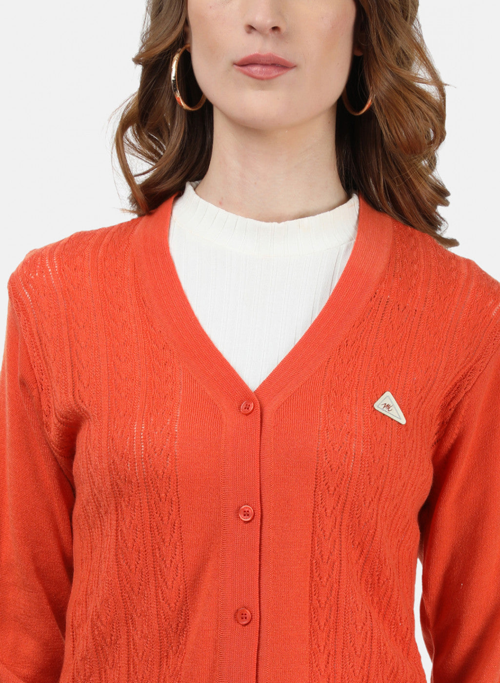 Women Orange Self Cardigan