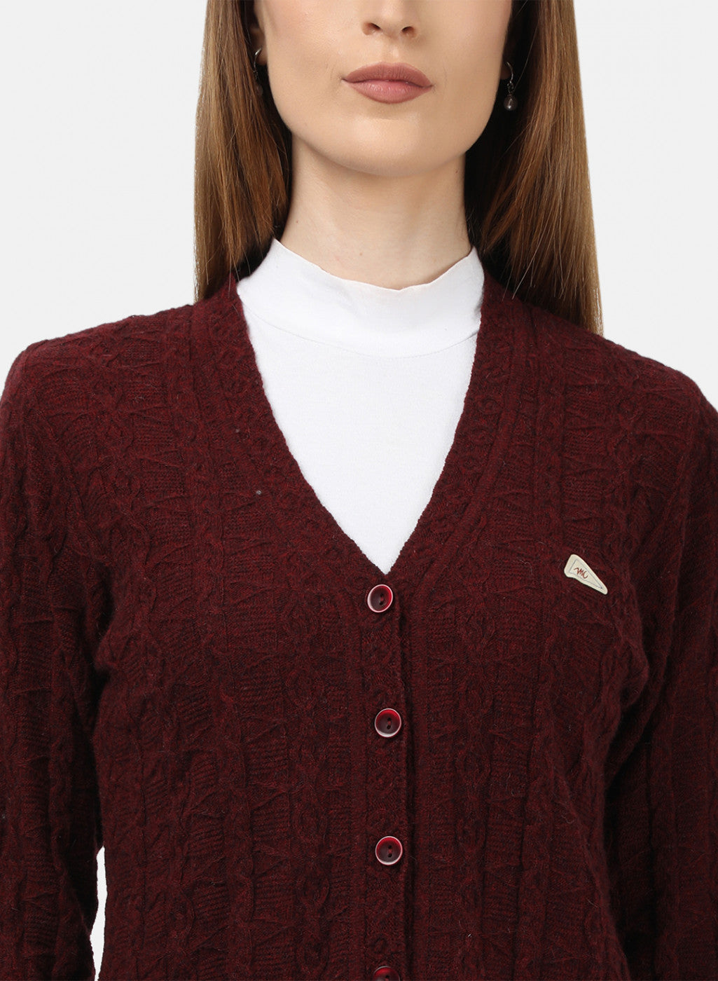 Women Maroon Self Design Cardigan