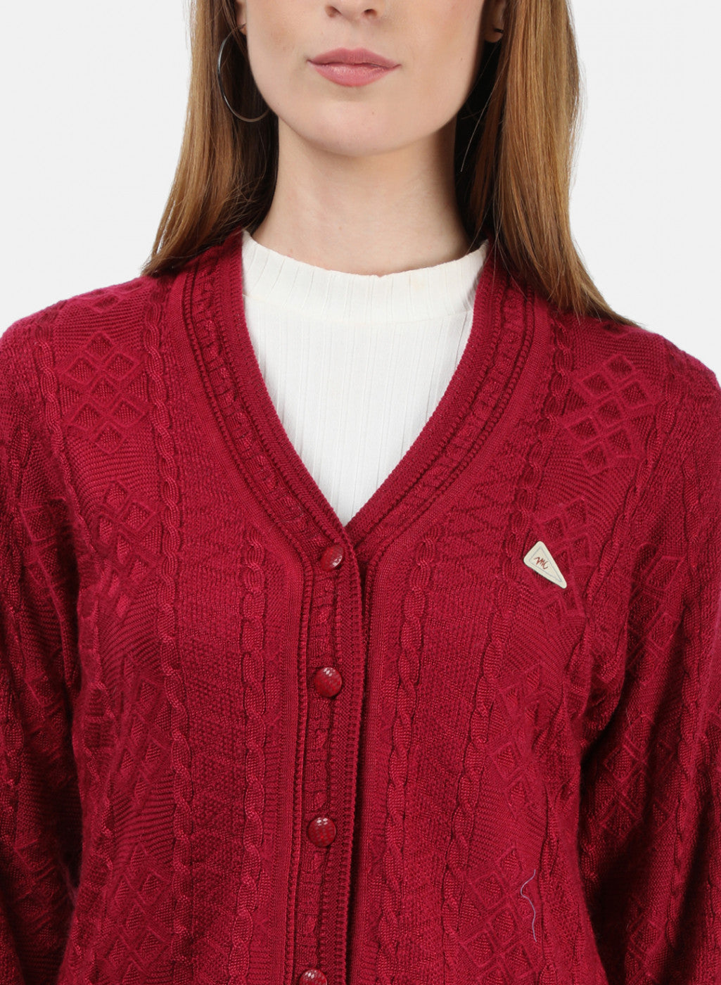 Women Red Self Cardigan