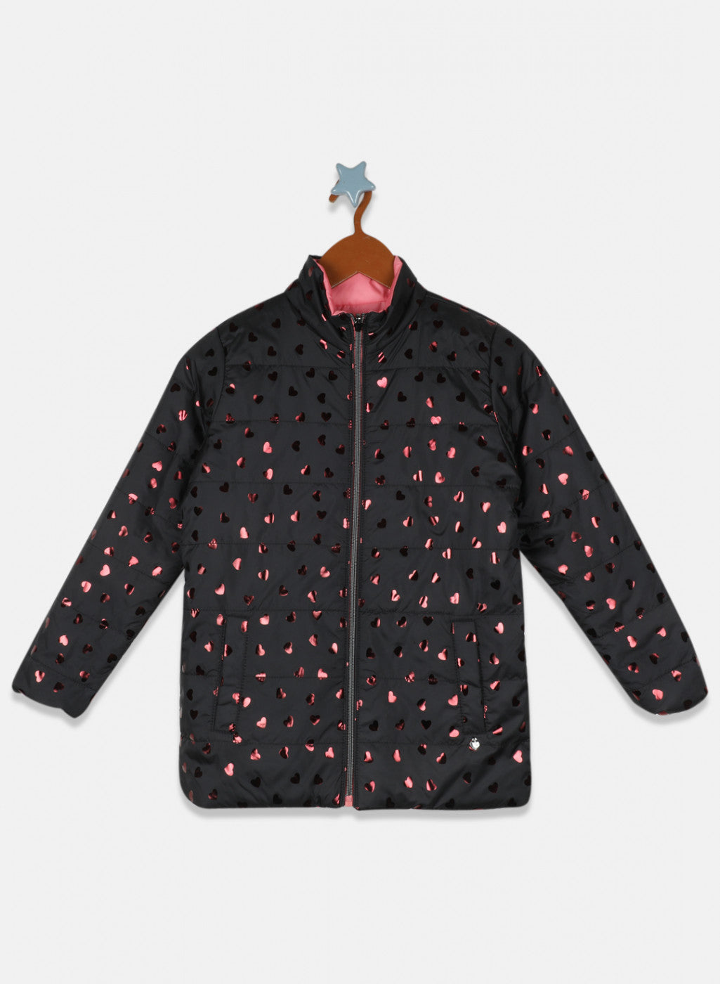 Girls Black & Peach Reversible Printed Jacket