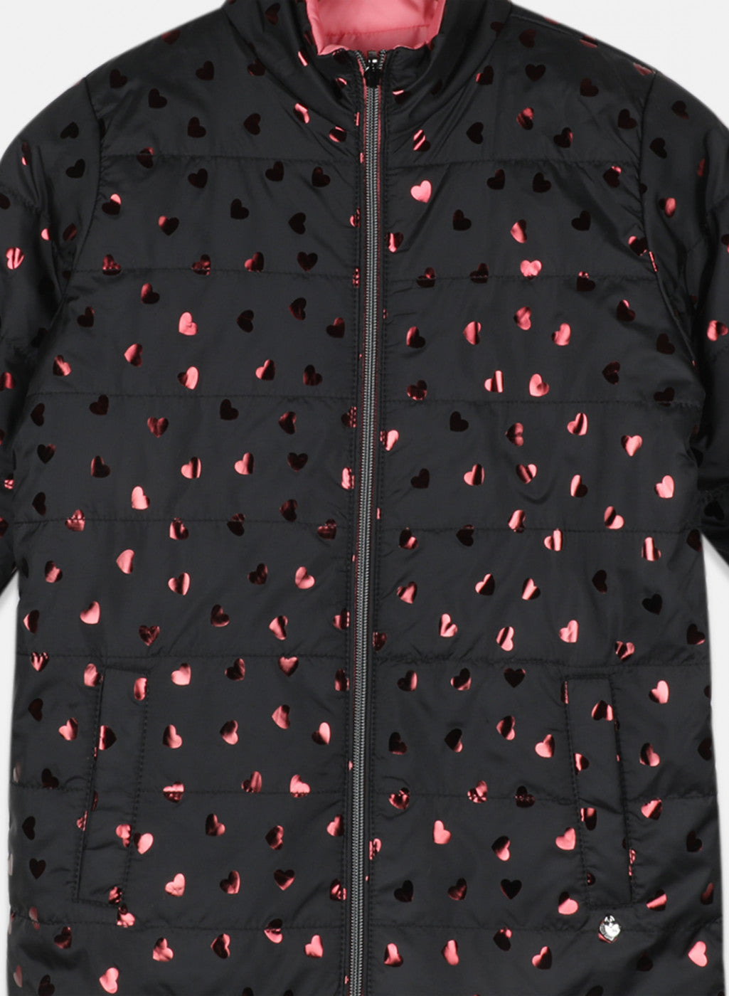 Girls Black & Peach Reversible Printed Jacket