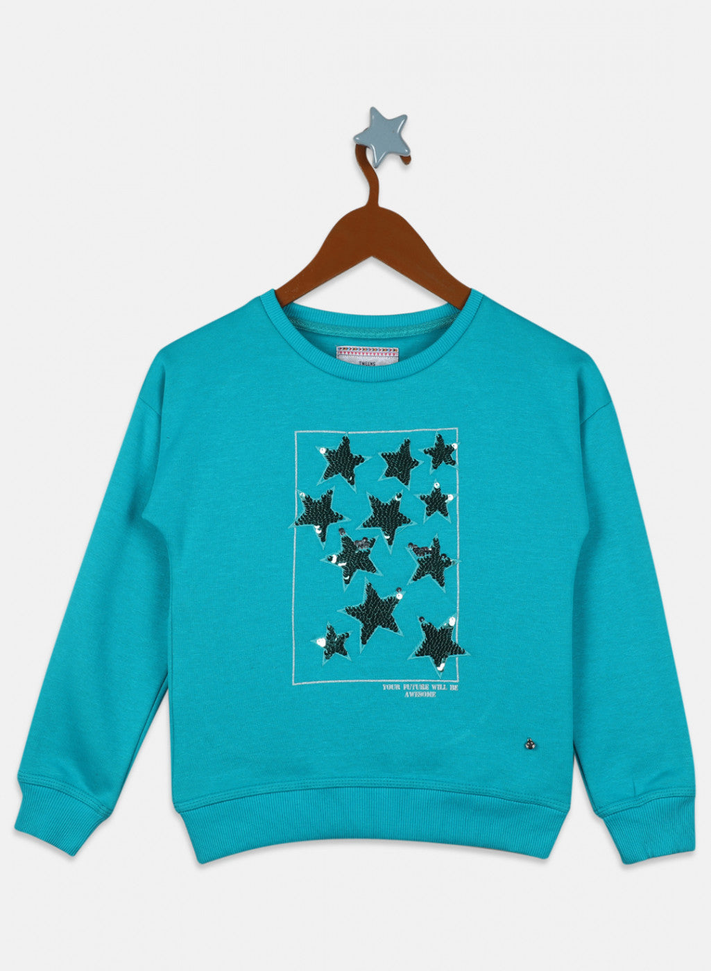 Girls Teal Blue Embroidered Sweatshirt