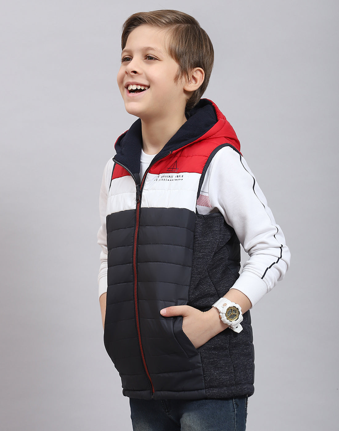 Boys Navy Blue Solid Stand Collar Sleeveless Boys Jacket