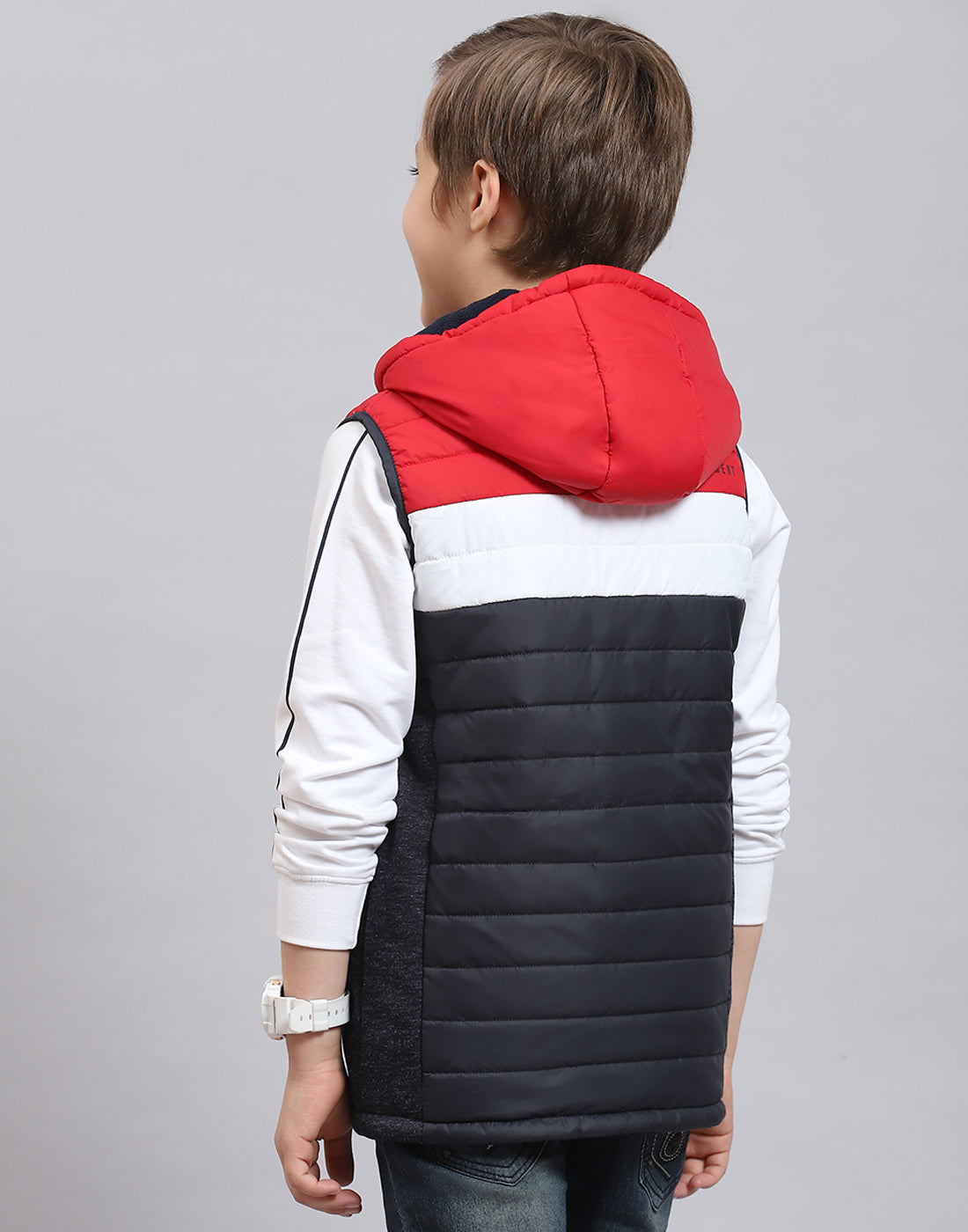 Boys Navy Blue Solid Stand Collar Sleeveless Boys Jacket