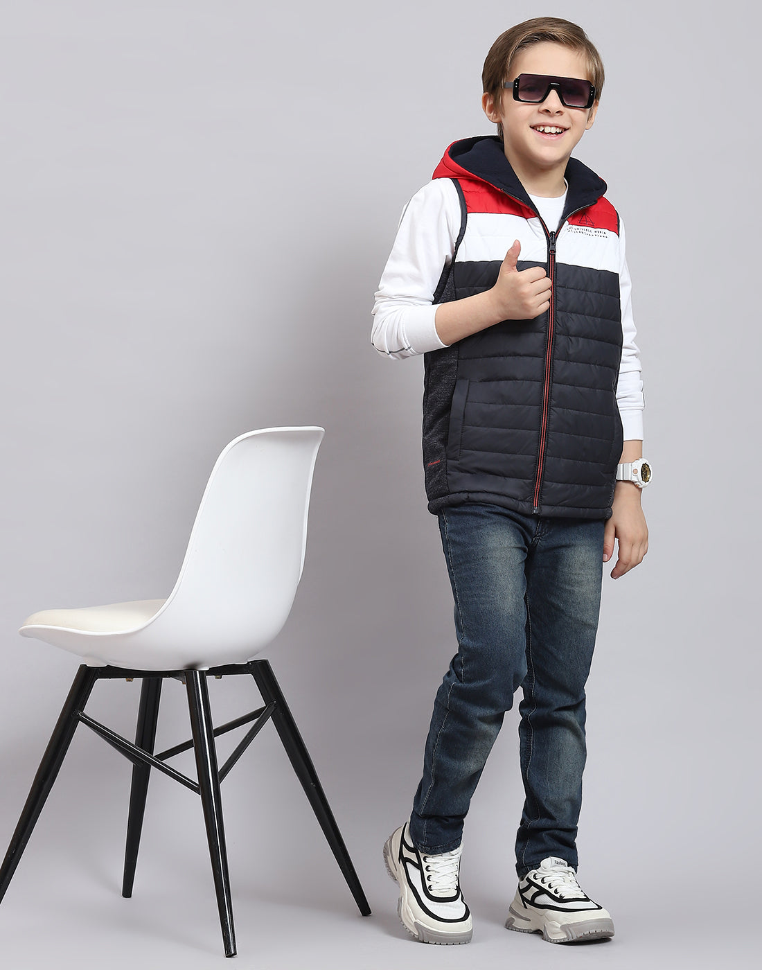 Boys Navy Blue Solid Stand Collar Sleeveless Boys Jacket