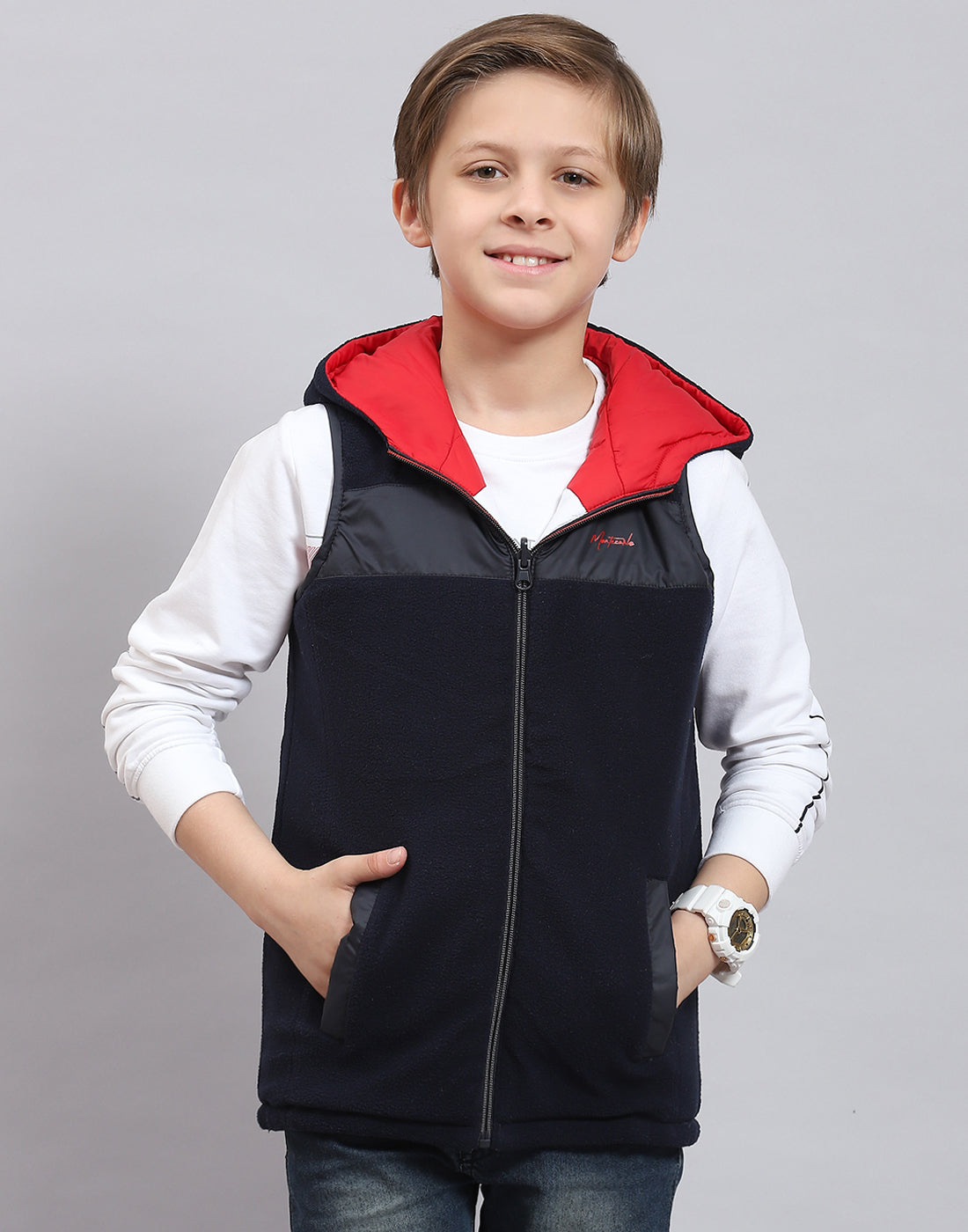 Boys Navy Blue Solid Stand Collar Sleeveless Boys Jacket