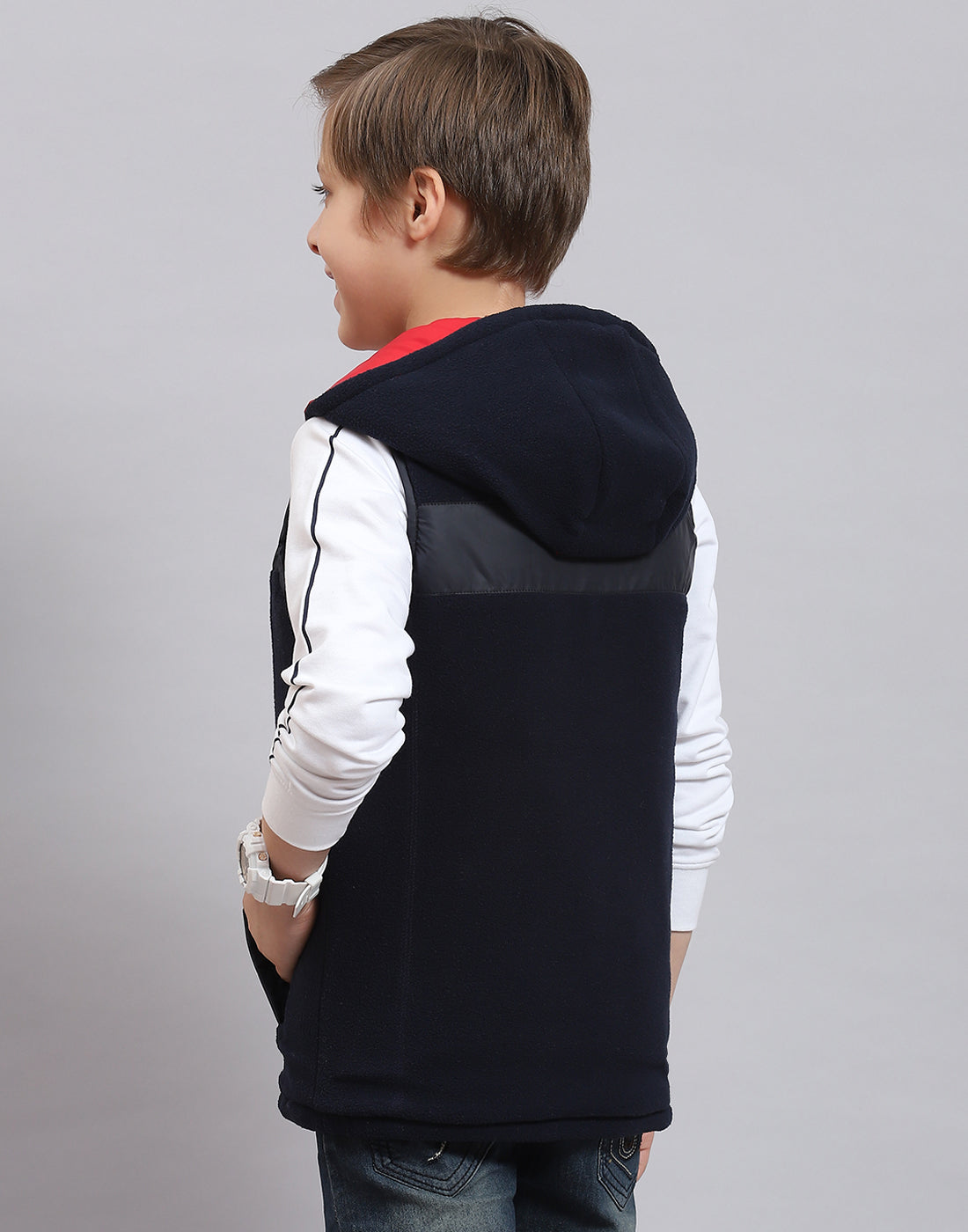 Boys Navy Blue Solid Stand Collar Sleeveless Boys Jacket