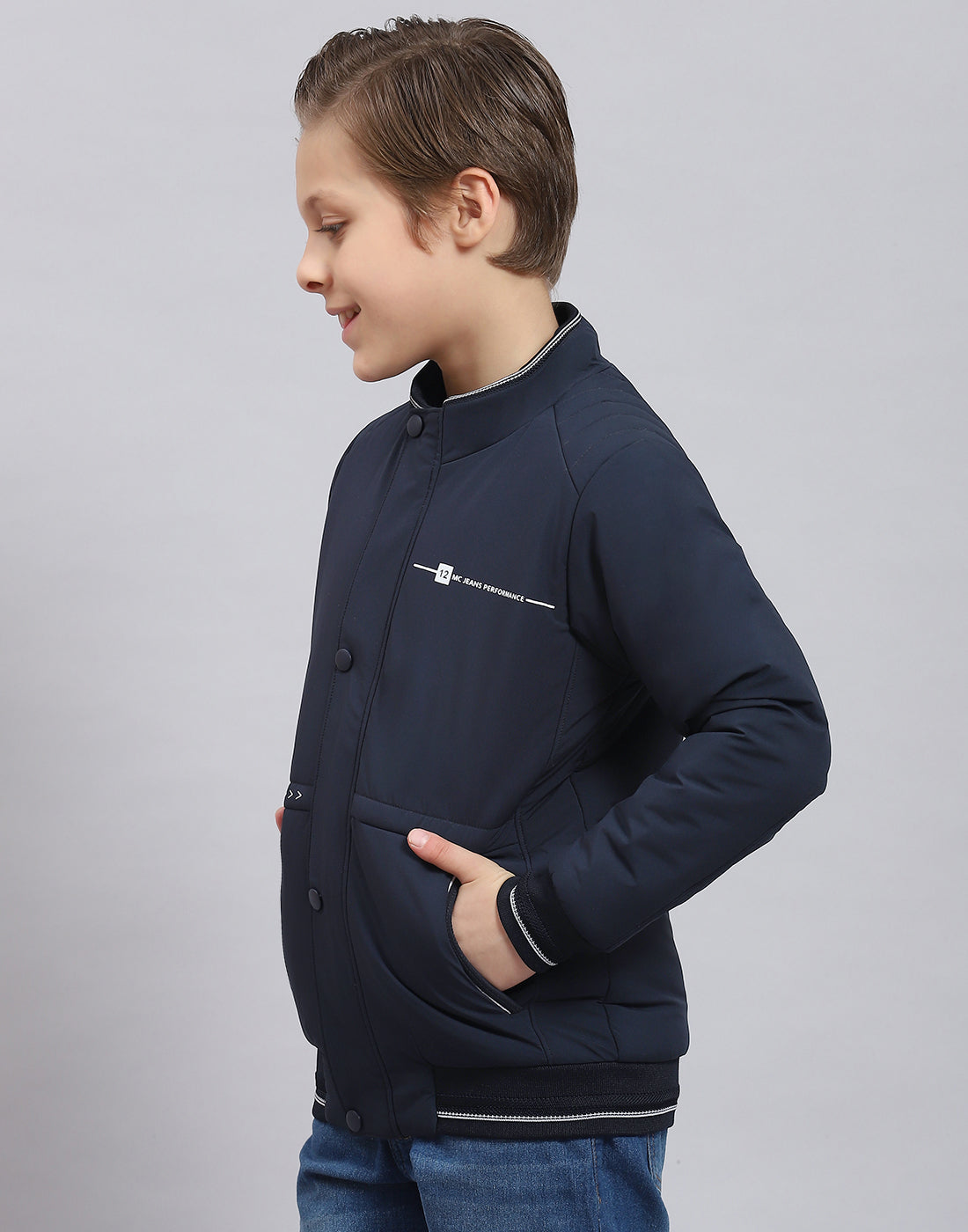 Boys Navy Blue Solid Stand Collar Full Sleeve Boys Jacket