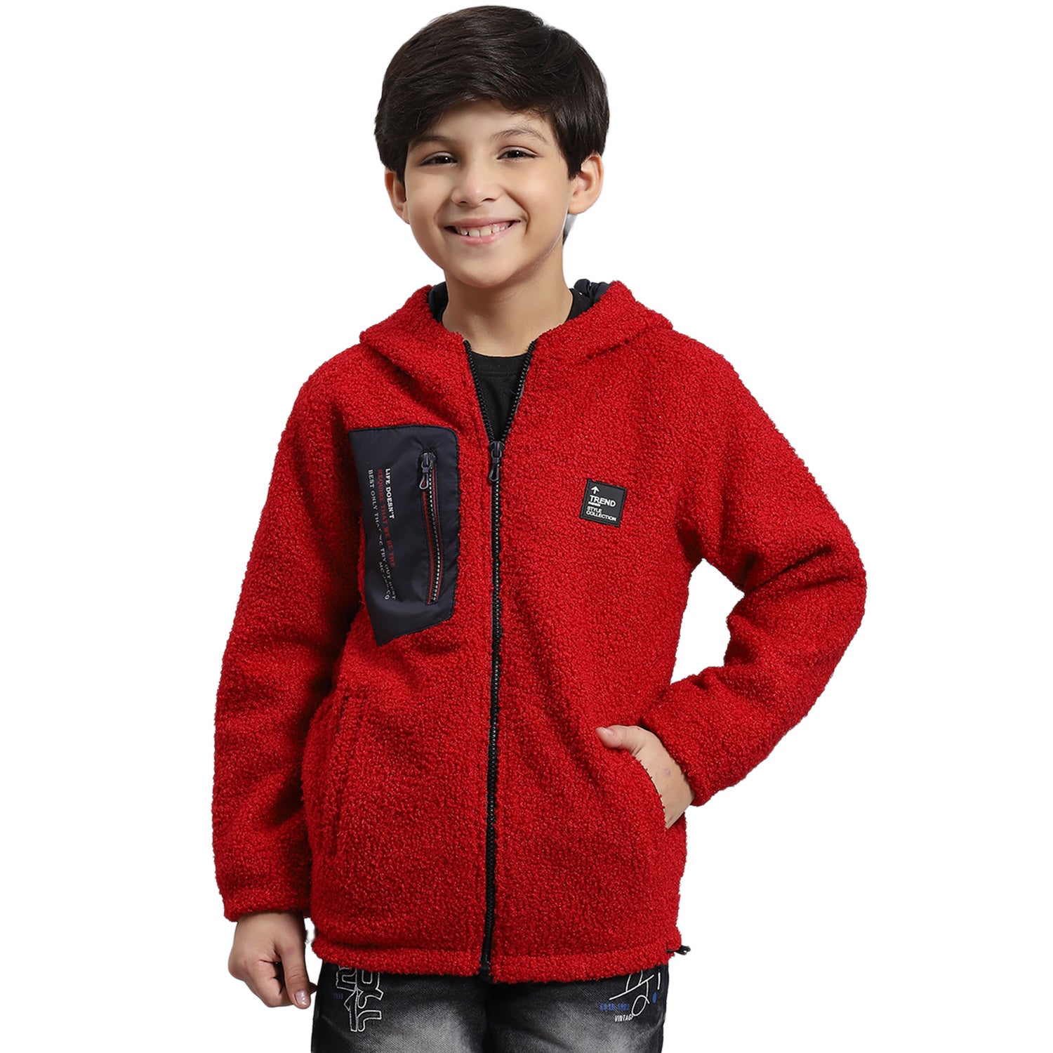 Boys Red Solid Hooded Full Sleeve Boys Jacket