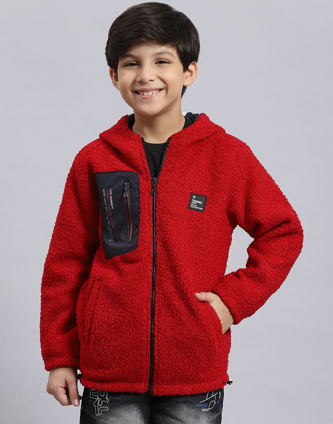 Boys Red Solid Hooded Full Sleeve Boys Jacket