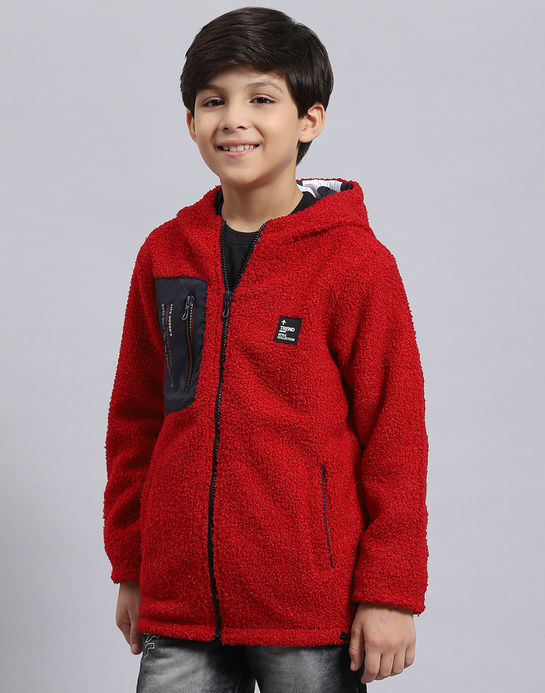 Boys Red Solid Hooded Full Sleeve Boys Jacket