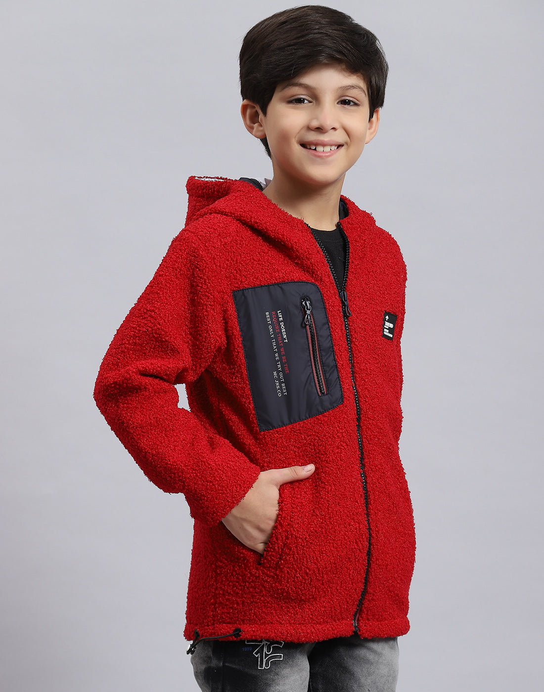 Boys Red Solid Hooded Full Sleeve Boys Jacket