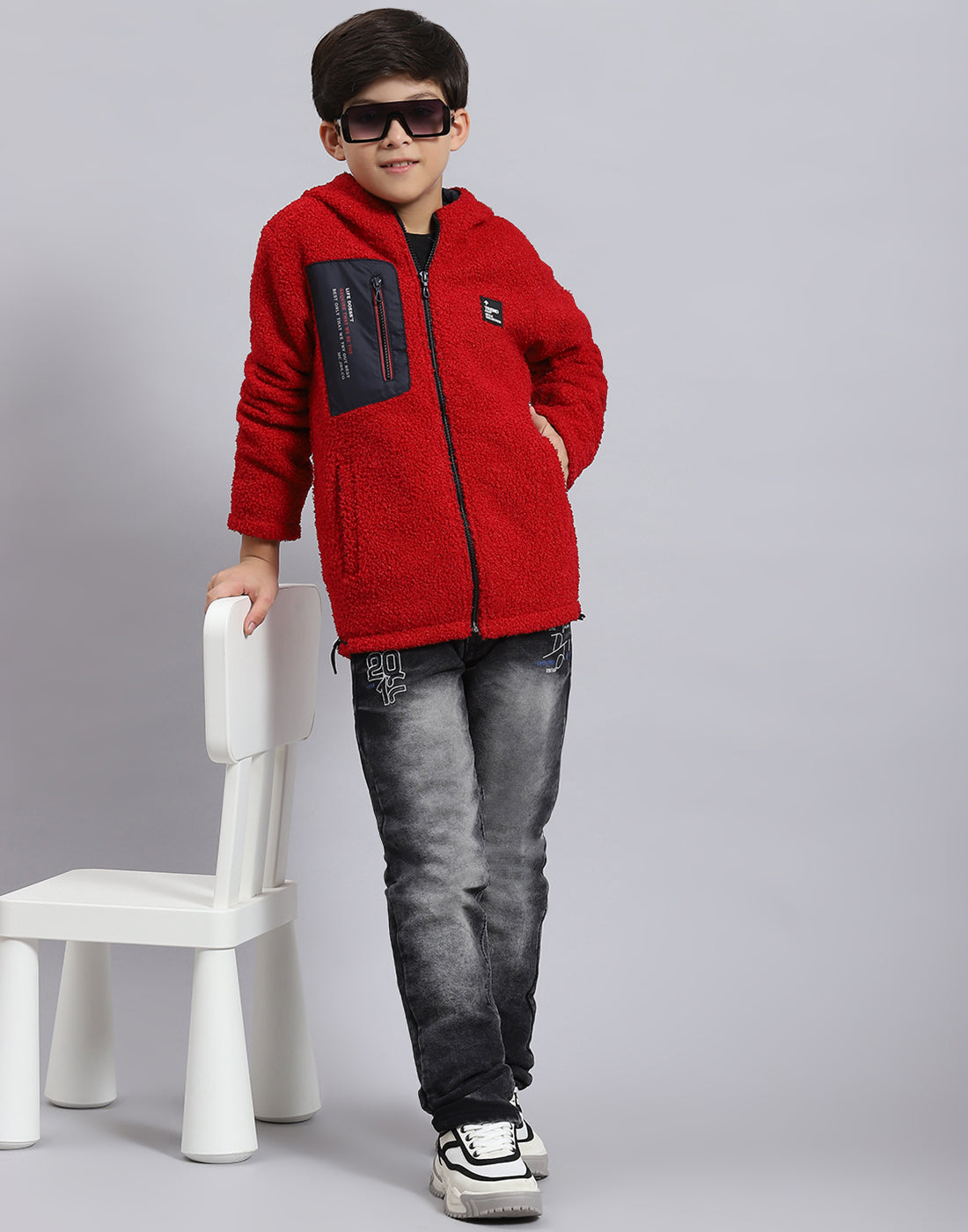 Boys Red Solid Hooded Full Sleeve Boys Jacket