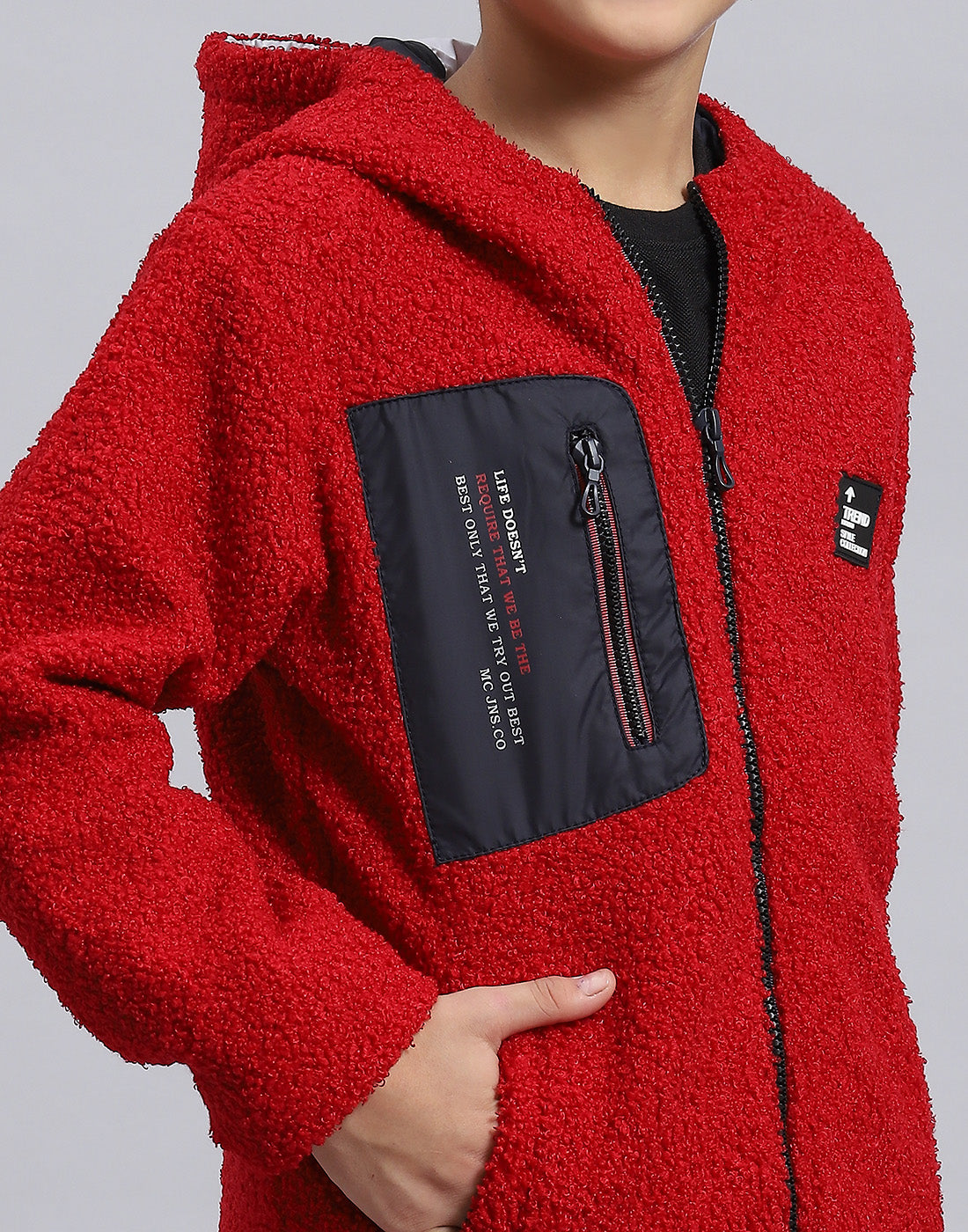 Boys Red Solid Hooded Full Sleeve Boys Jacket