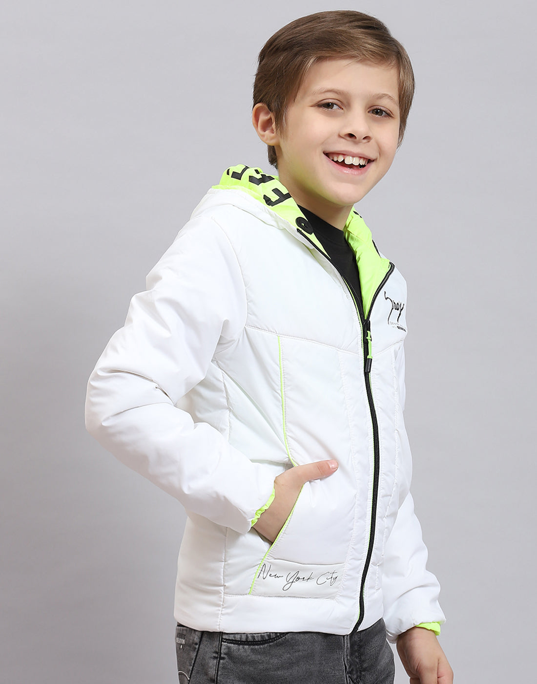 Boys White Solid Hooded Full Sleeve Boys Jacket