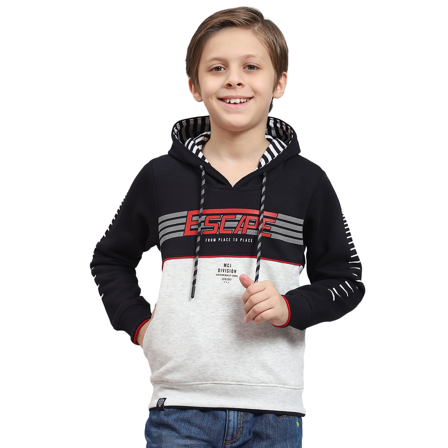 Boys Navy Blue Printed Hooded Full Sleeve Sweatshirt