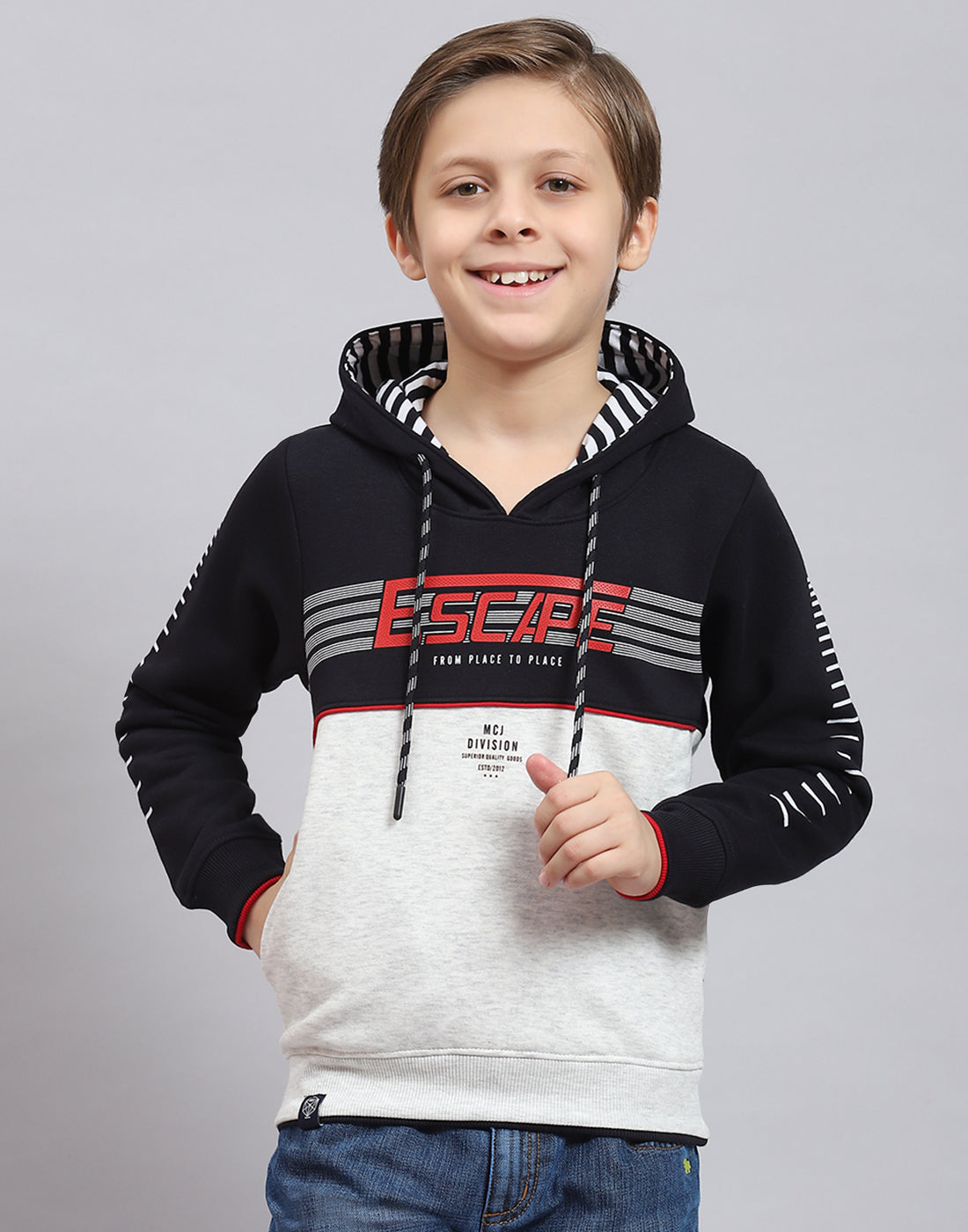 Boys Navy Blue Printed Hooded Full Sleeve Sweatshirt