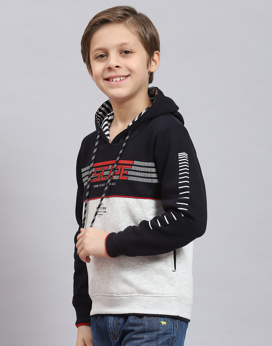 Boys Navy Blue Printed Hooded Full Sleeve Sweatshirt