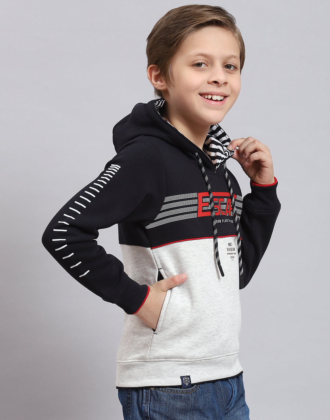 Boys Navy Blue Printed Hooded Full Sleeve Sweatshirt