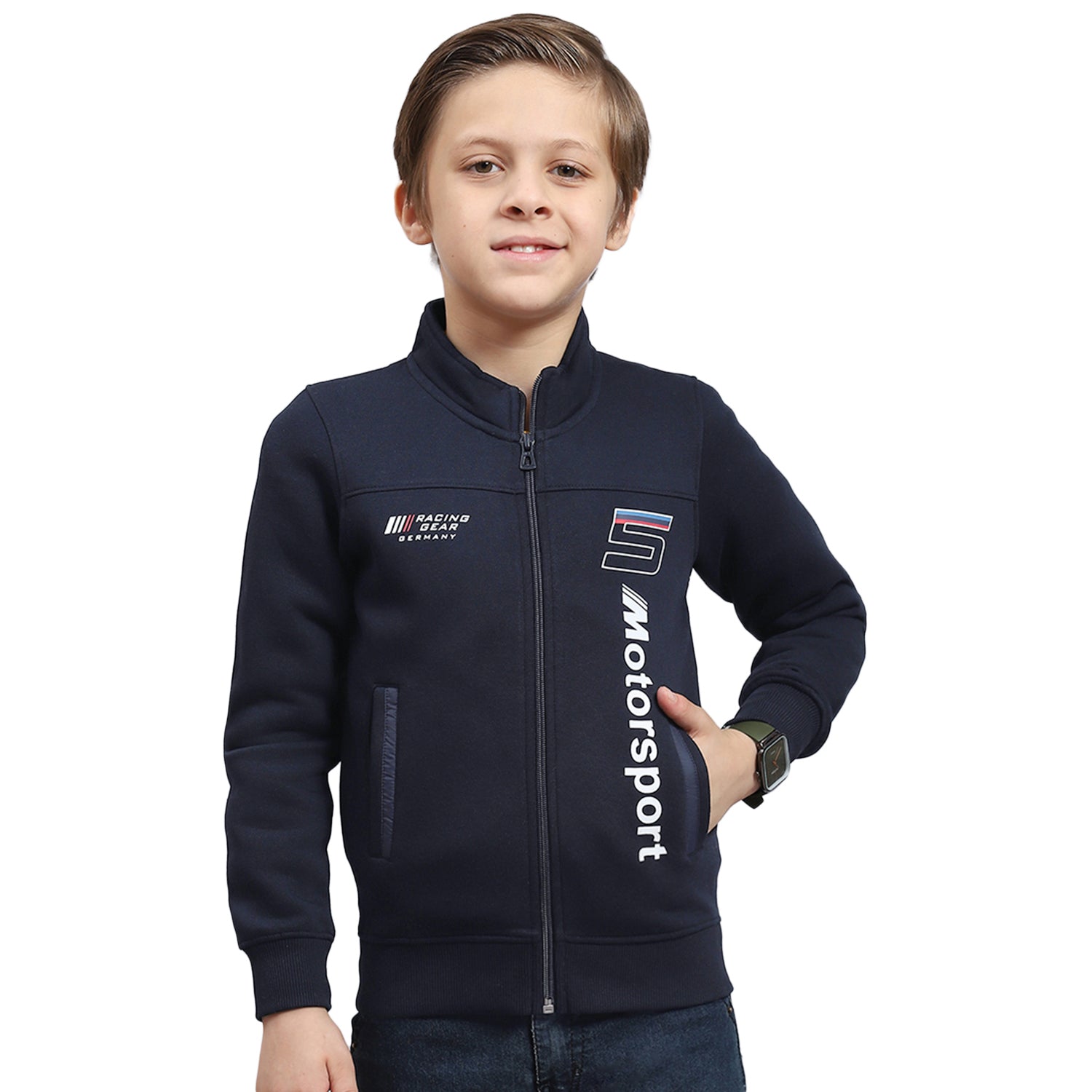 Boys Navy Blue Printed Stand Collar Full Sleeve Sweatshirt