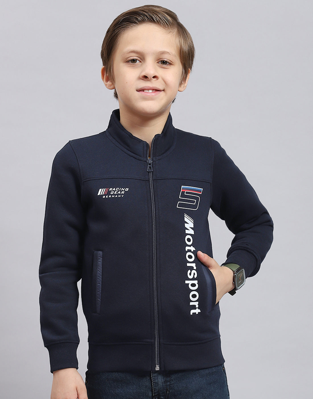 Boys Navy Blue Printed Stand Collar Full Sleeve Sweatshirt