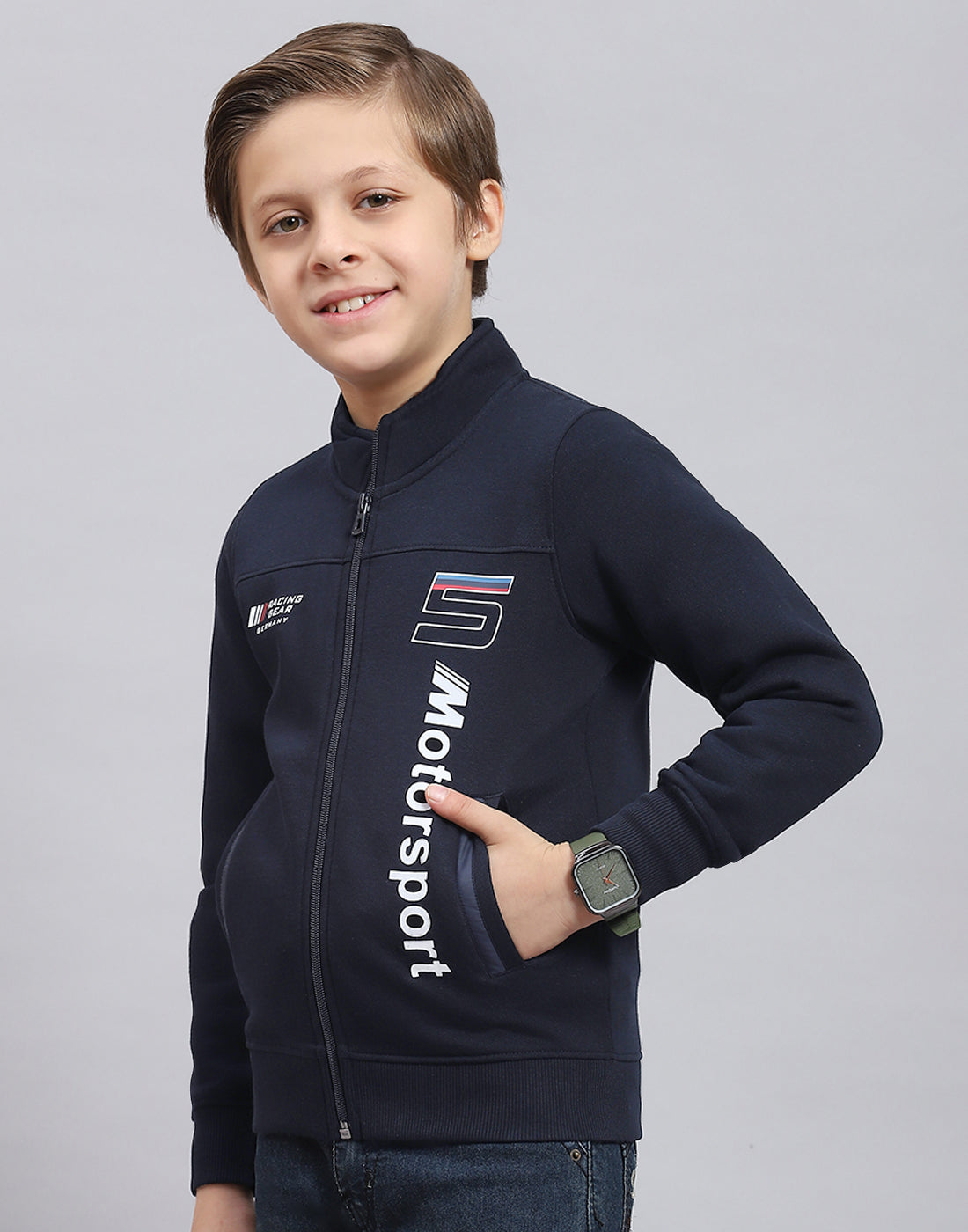 Boys Navy Blue Printed Stand Collar Full Sleeve Sweatshirt