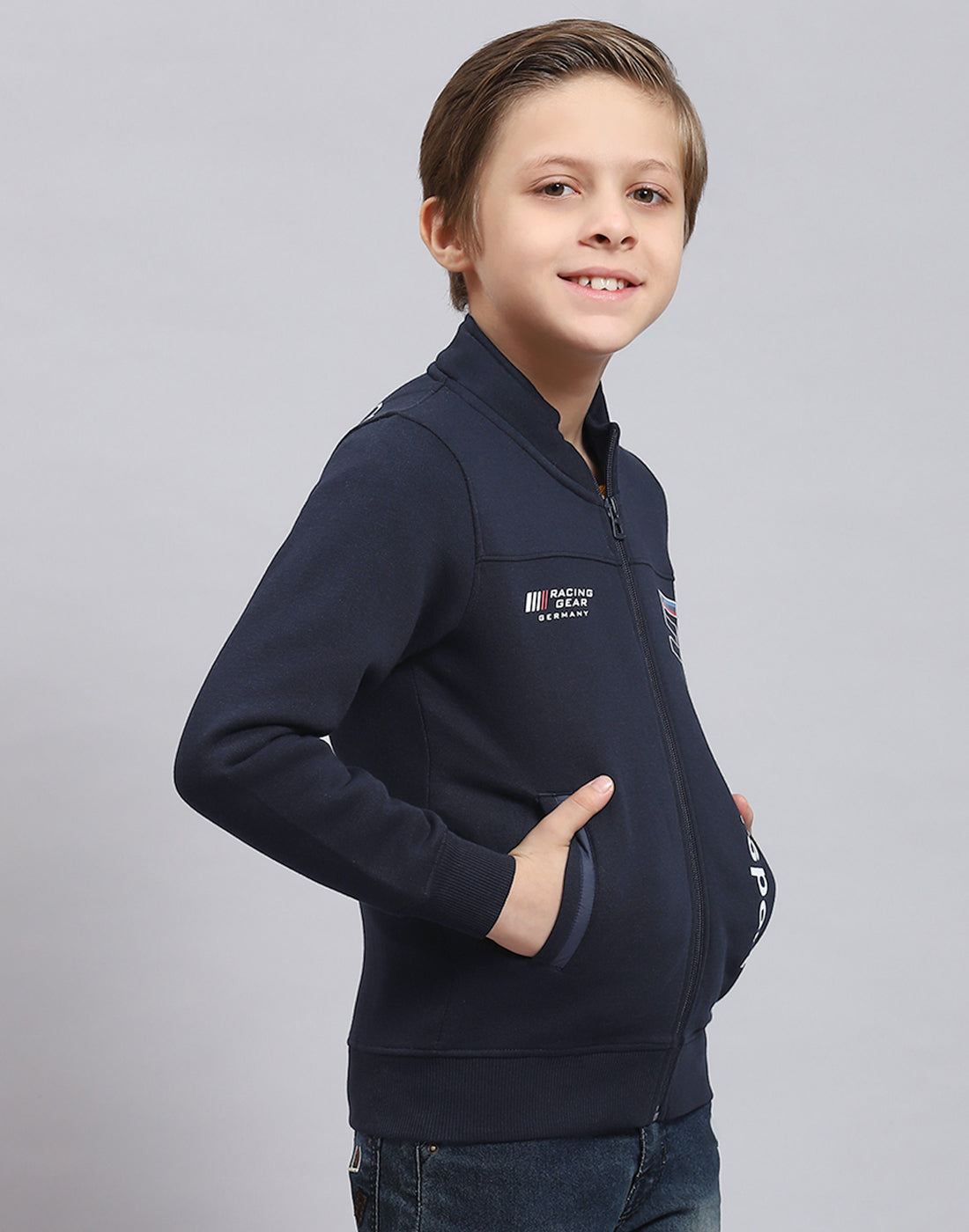 Boys Navy Blue Printed Stand Collar Full Sleeve Sweatshirt