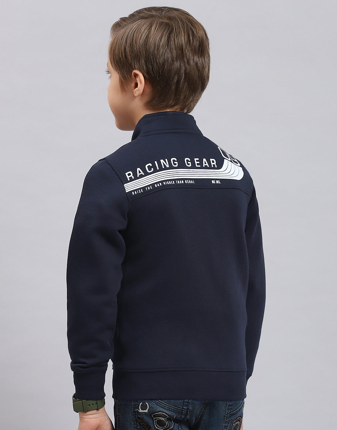 Boys Navy Blue Printed Stand Collar Full Sleeve Sweatshirt