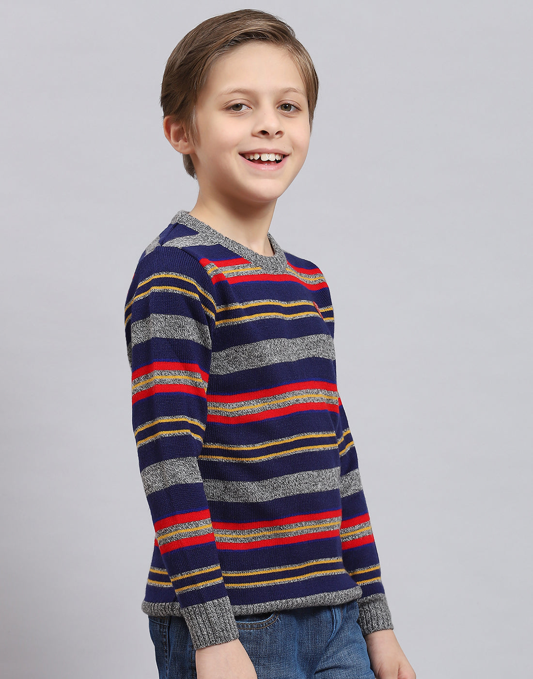 Boys Blue Stripe Round Neck Full Sleeve Sweater