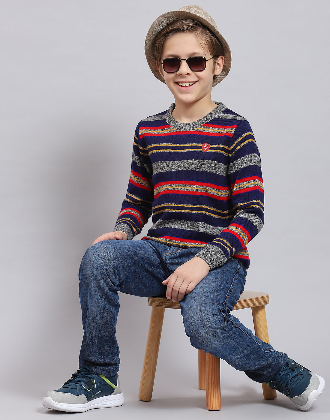 Boys Blue Stripe Round Neck Full Sleeve Sweater