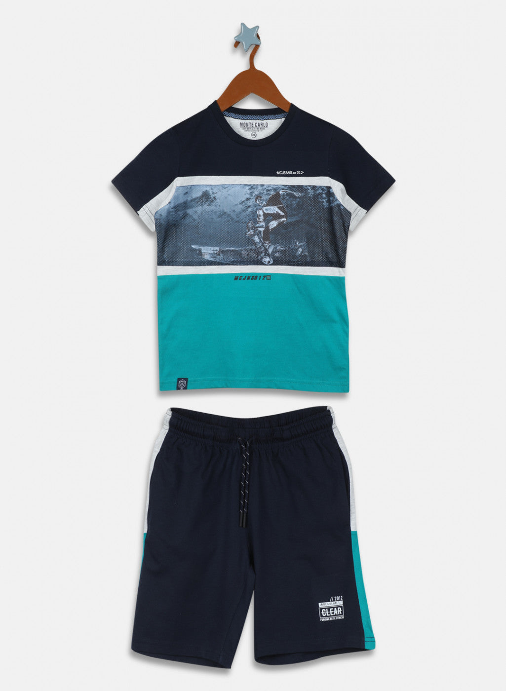 Boys Teal Blue & Navy Printed Bermuda Set